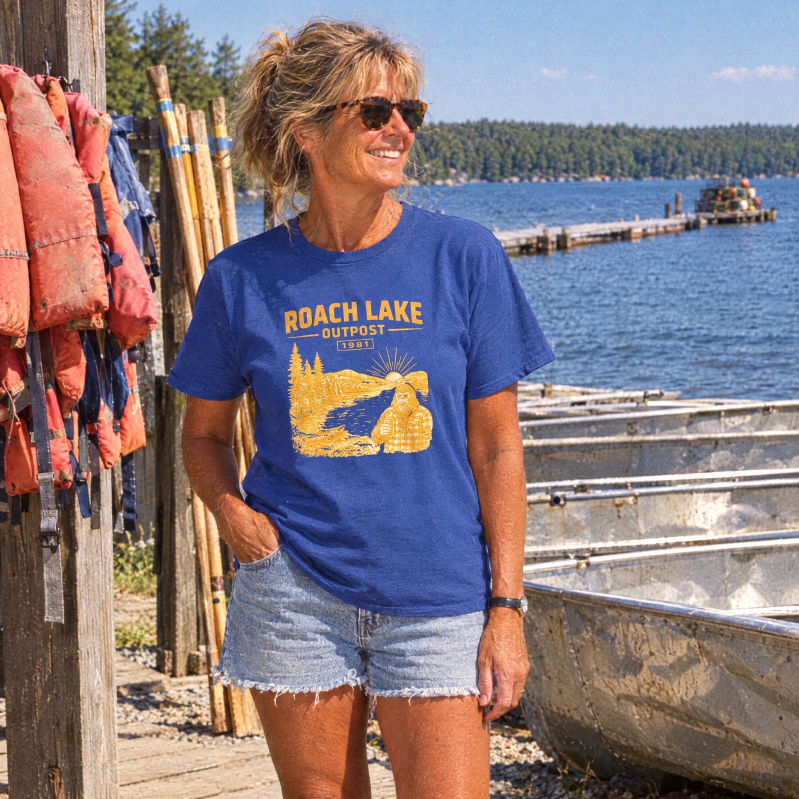 Roach Lake Outpost wilderness graphic T-shirt | fishing cabin camp design — CVC Royal — Other view