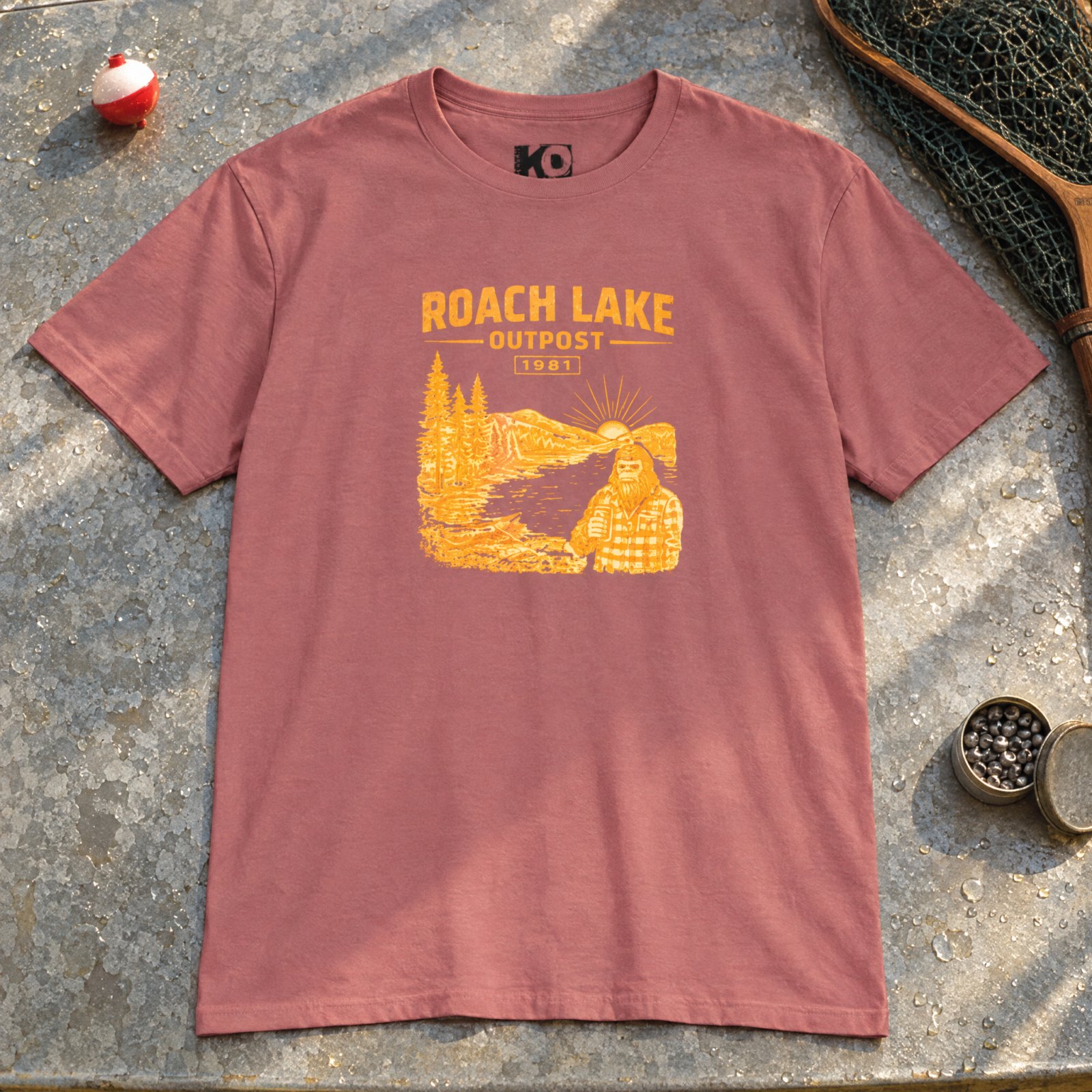 Roach Lake Outpost wilderness graphic T-shirt | fishing cabin camp design — Heather Mauve — Other view