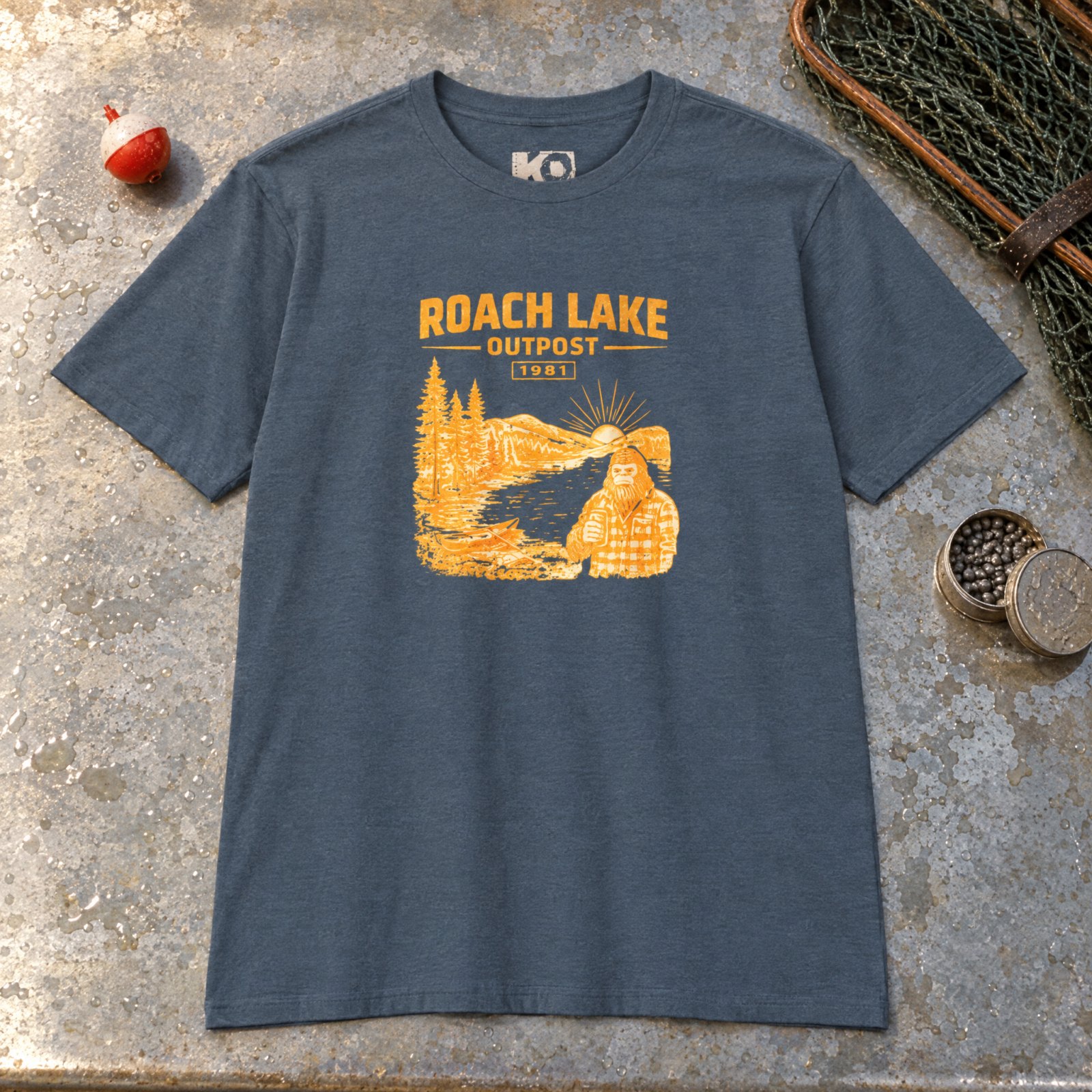 Roach Lake Outpost wilderness graphic T-shirt | fishing cabin camp design — CVC Indigo — Other view