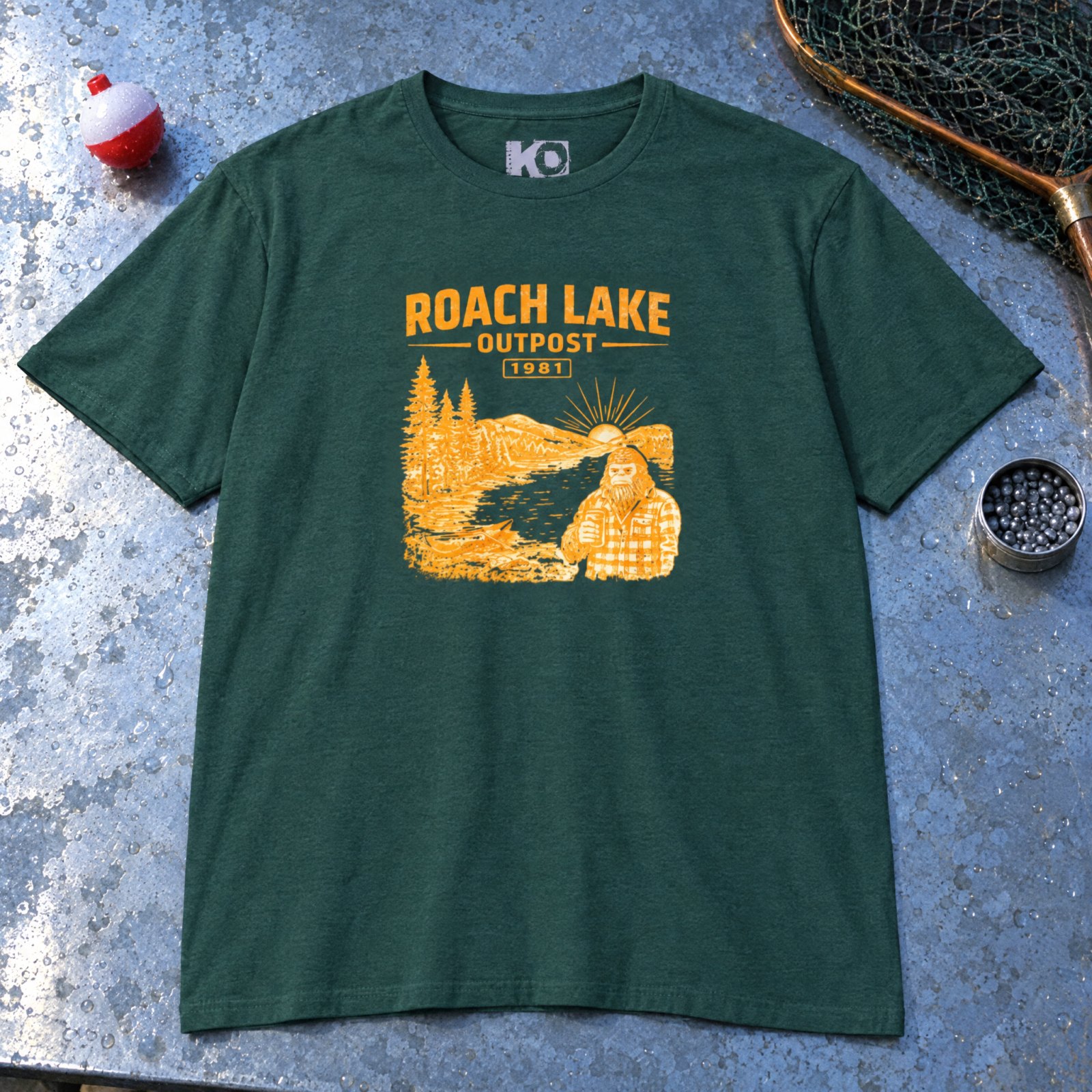 Roach Lake Outpost wilderness graphic T-shirt | fishing cabin camp design — Heather Forest Green — Other view