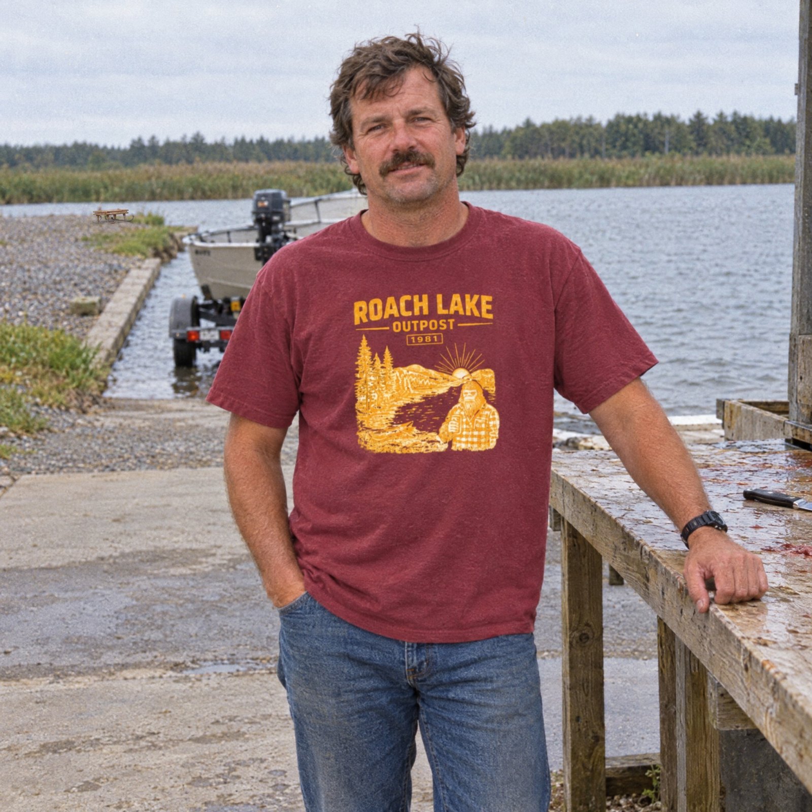 Roach Lake Outpost wilderness graphic T-shirt | fishing cabin camp design — CVC Cardinal — Other view