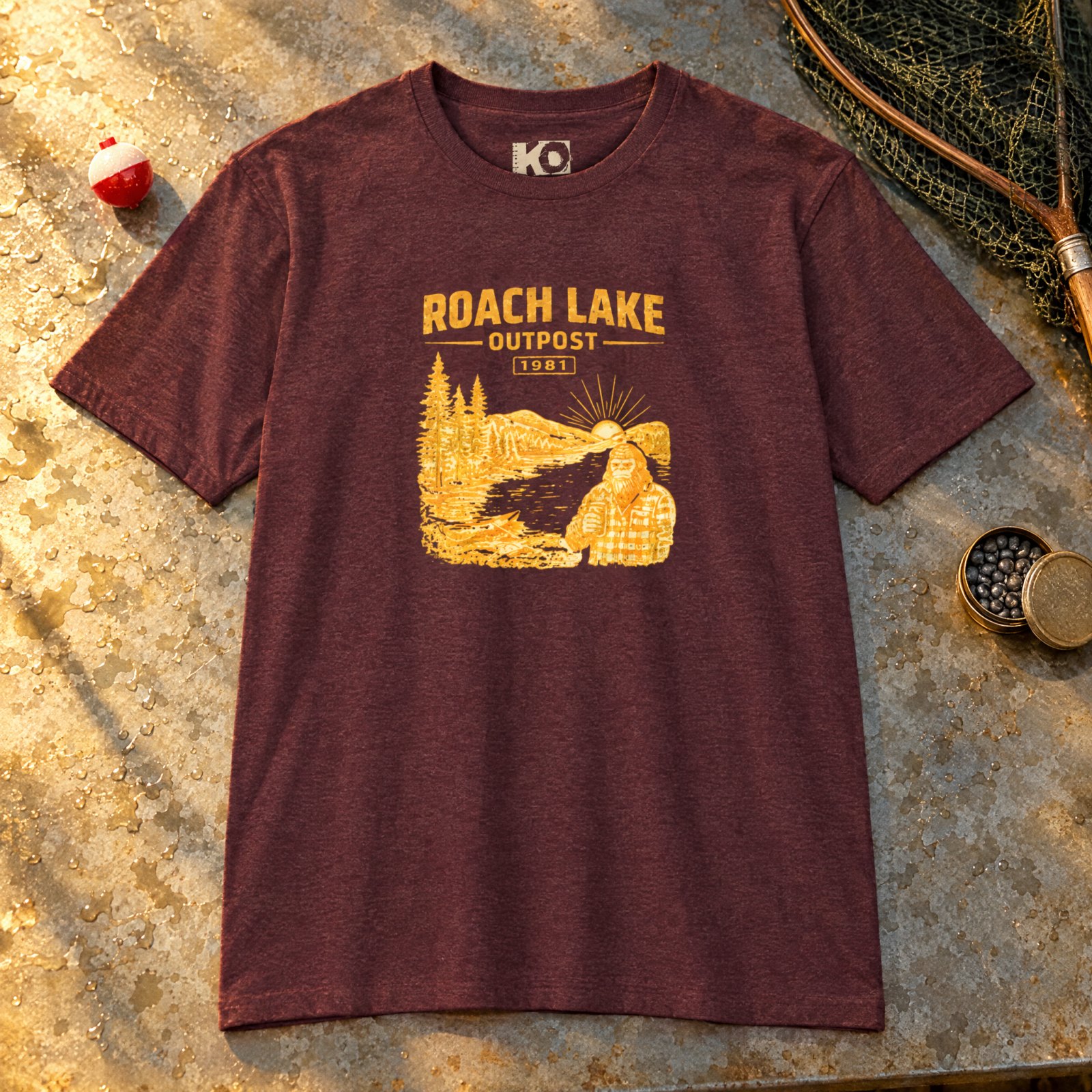 Roach Lake Outpost wilderness graphic T-shirt | fishing cabin camp design — Heather Maroon — Other view