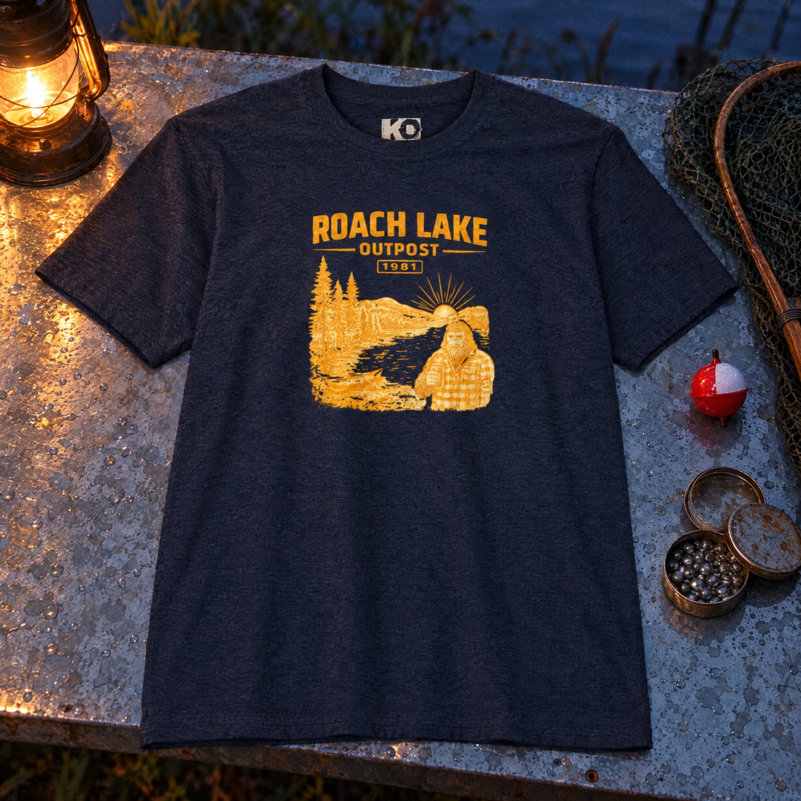 Roach Lake Outpost wilderness graphic T-shirt | fishing cabin camp design — CVC Midnight Navy — Other view