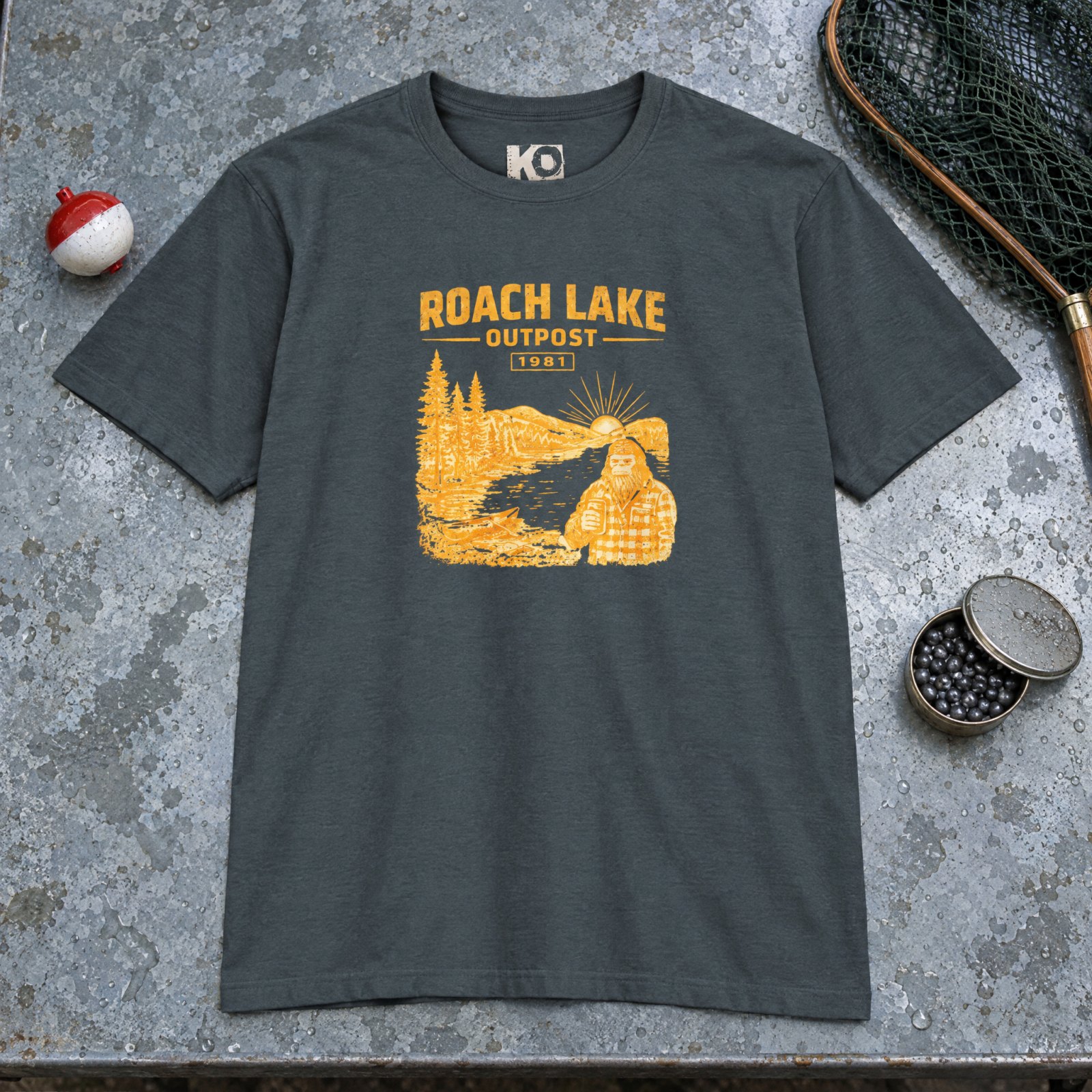Roach Lake Outpost wilderness graphic T-shirt | fishing cabin camp design — Heather Heavy Metal — Other view