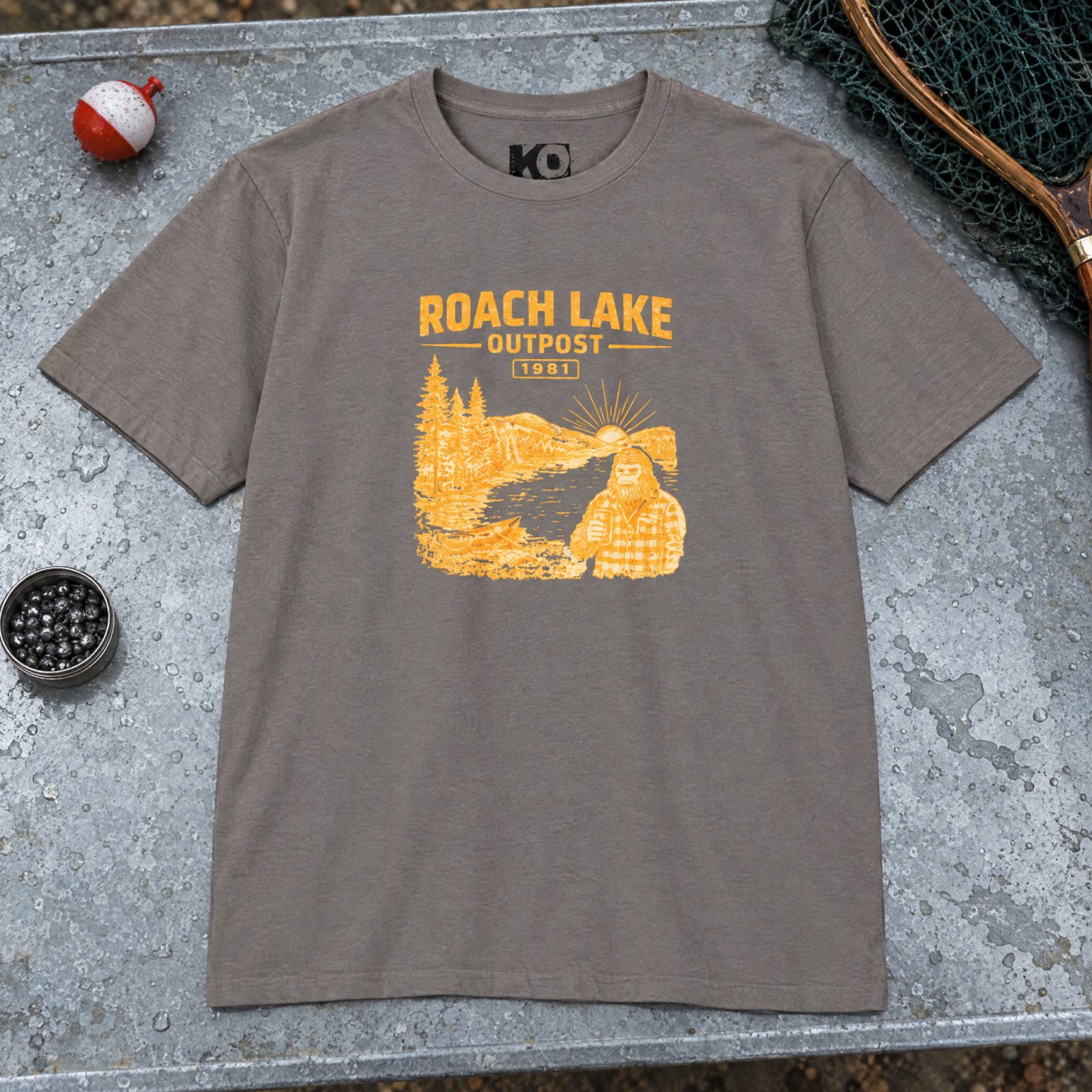 Roach Lake Outpost wilderness graphic T-shirt | fishing cabin camp design — CVC Stone Gray — Other view