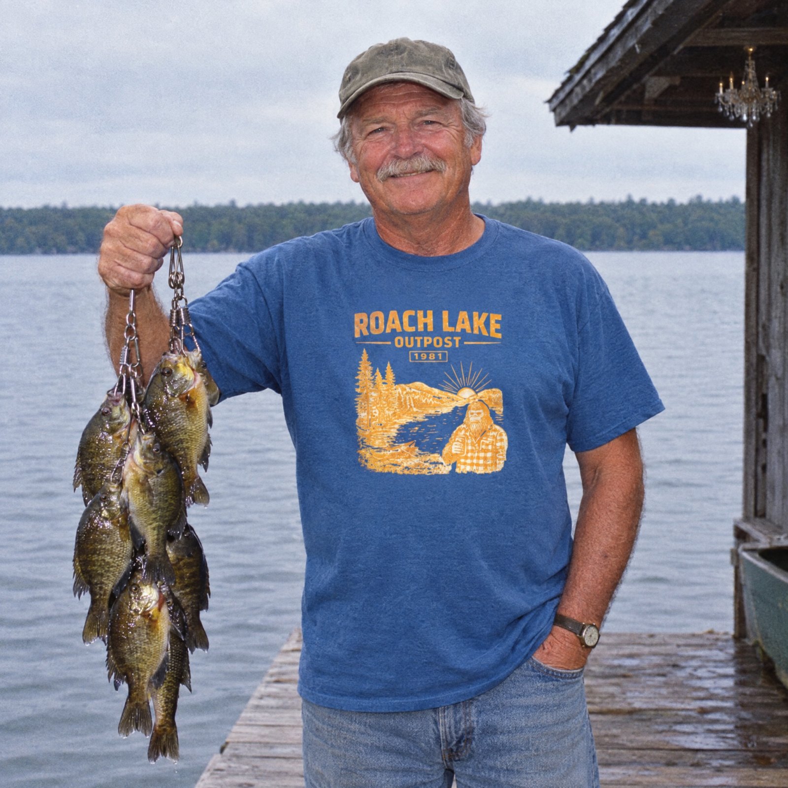 Roach Lake Outpost wilderness graphic T-shirt | fishing cabin camp design — Heather Cool Blue — Other view