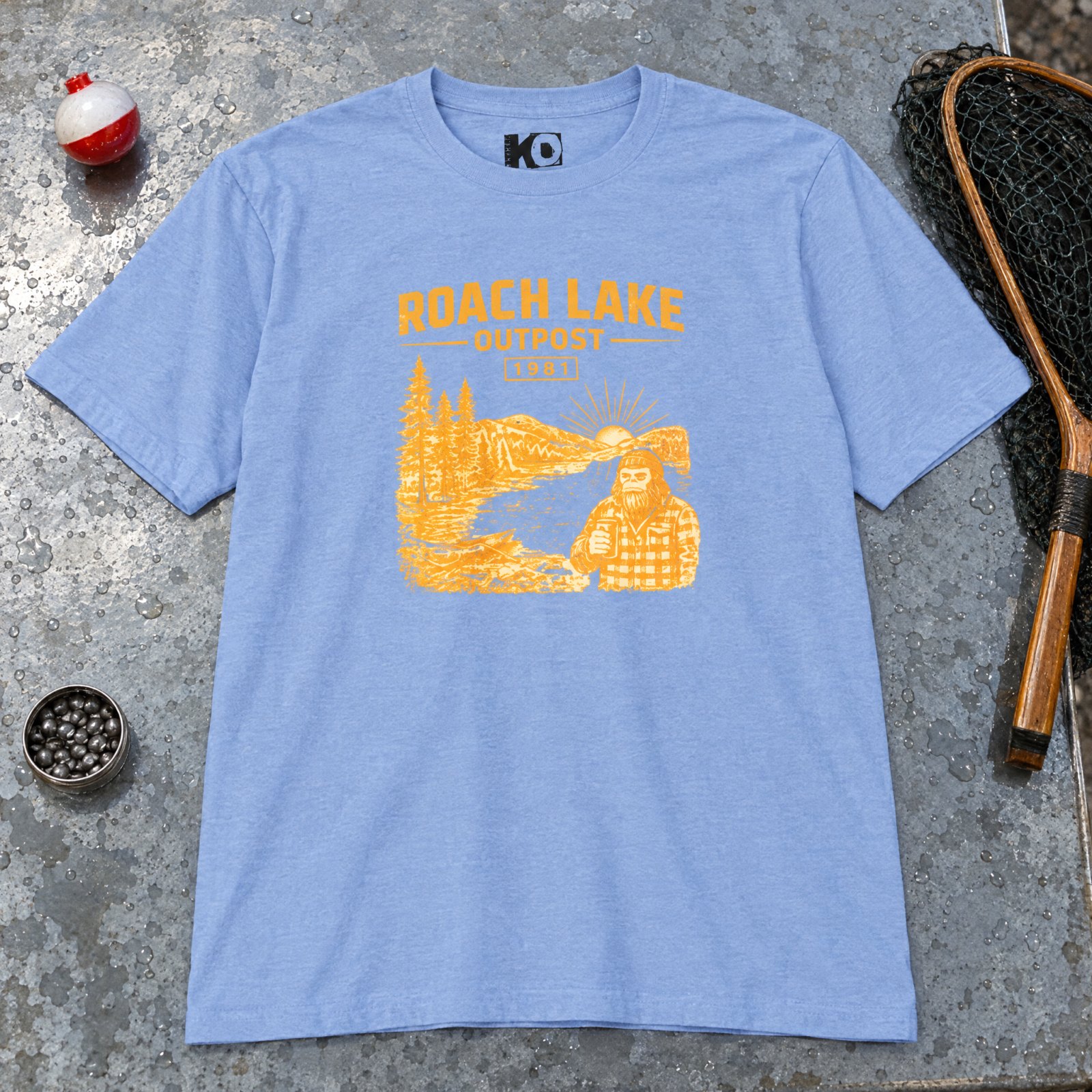 Roach Lake Outpost wilderness graphic T-shirt | fishing cabin camp design — Heather Columbia Blue — Other view