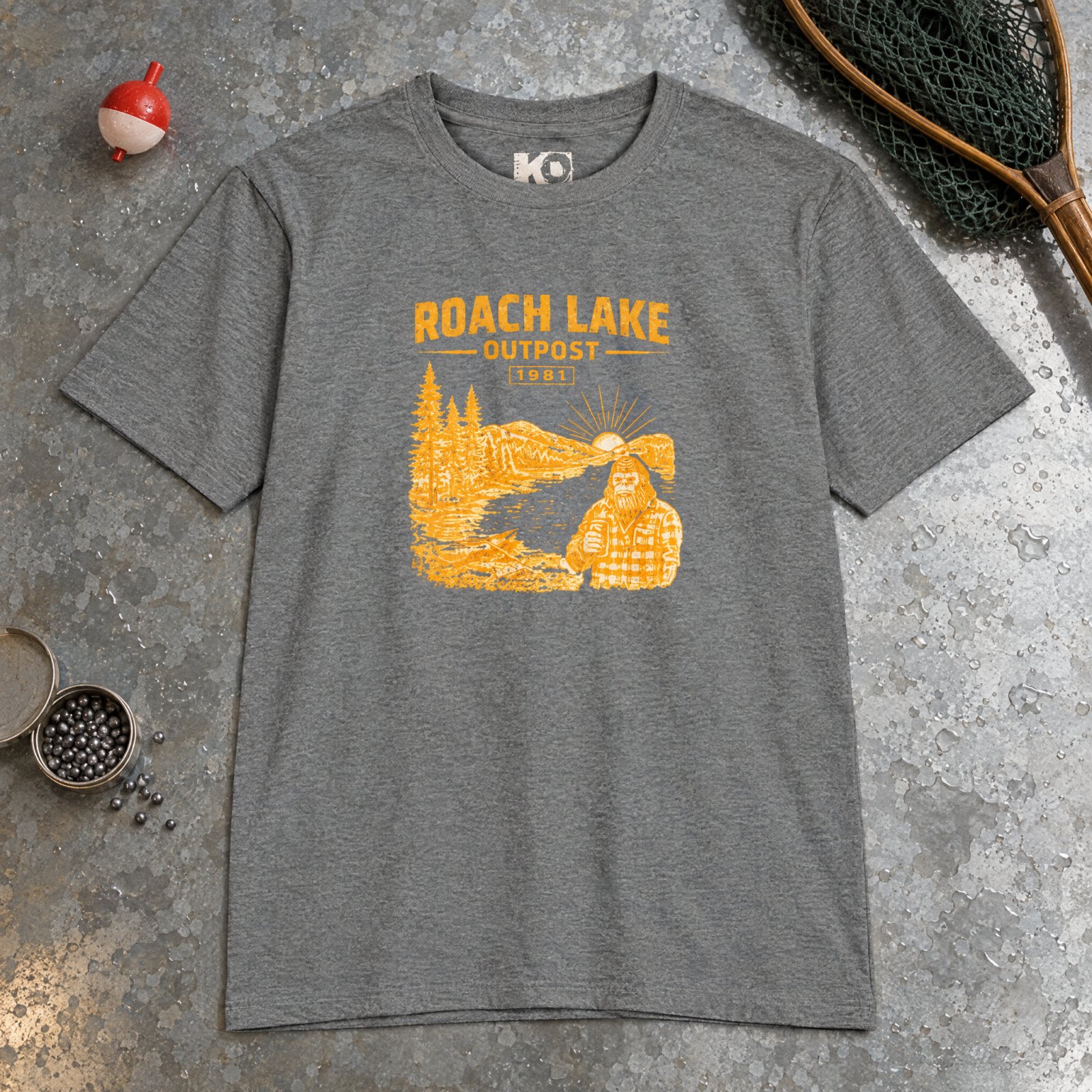 Roach Lake Outpost wilderness graphic T-shirt | fishing cabin camp design — Dark Heather Grey — Other view