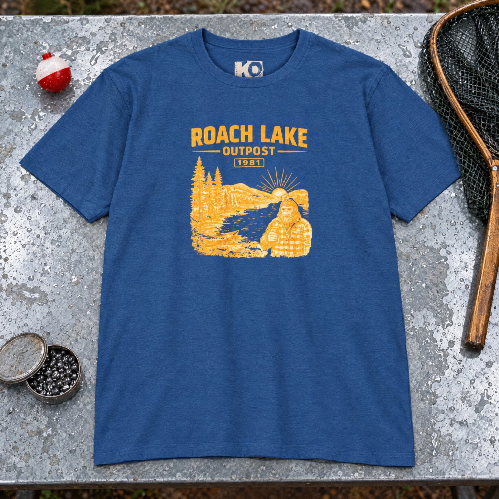 Roach Lake Outpost wilderness graphic T-shirt | fishing cabin camp design — Heather Cool Blue — Other view