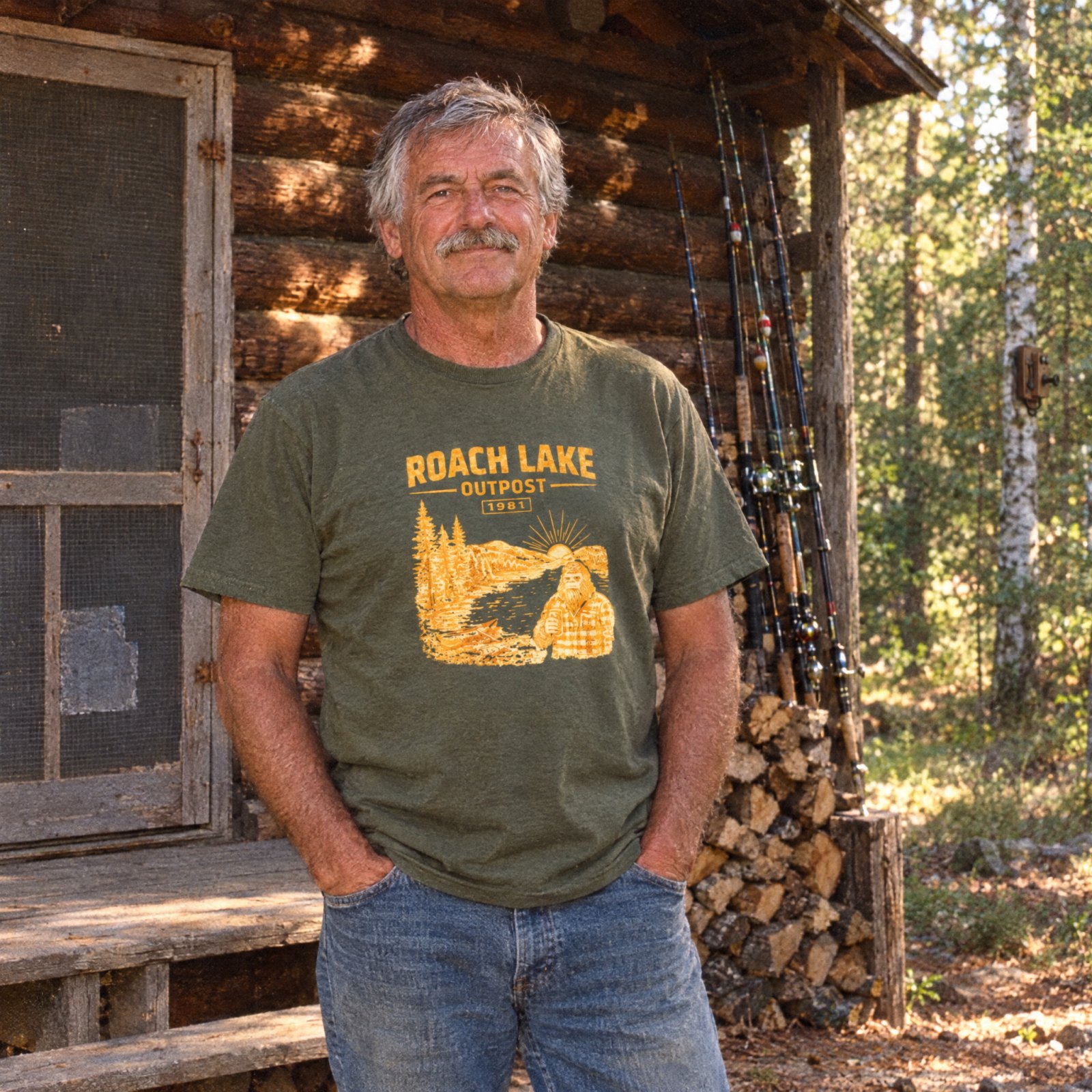 Roach Lake Outpost wilderness graphic T-shirt | fishing cabin camp design — CVC Military Green — Other view