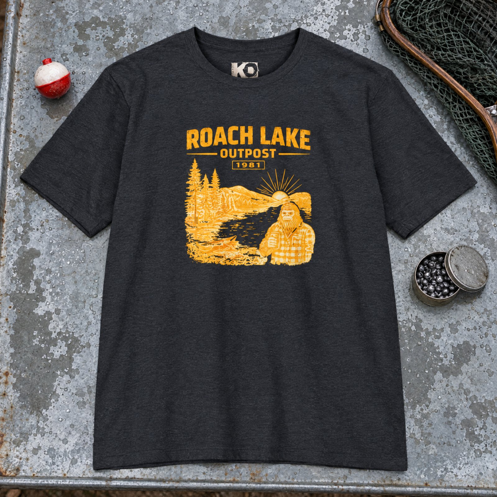 Roach Lake Outpost wilderness graphic T-shirt | fishing cabin camp design — CVC Charcoal — Other view
