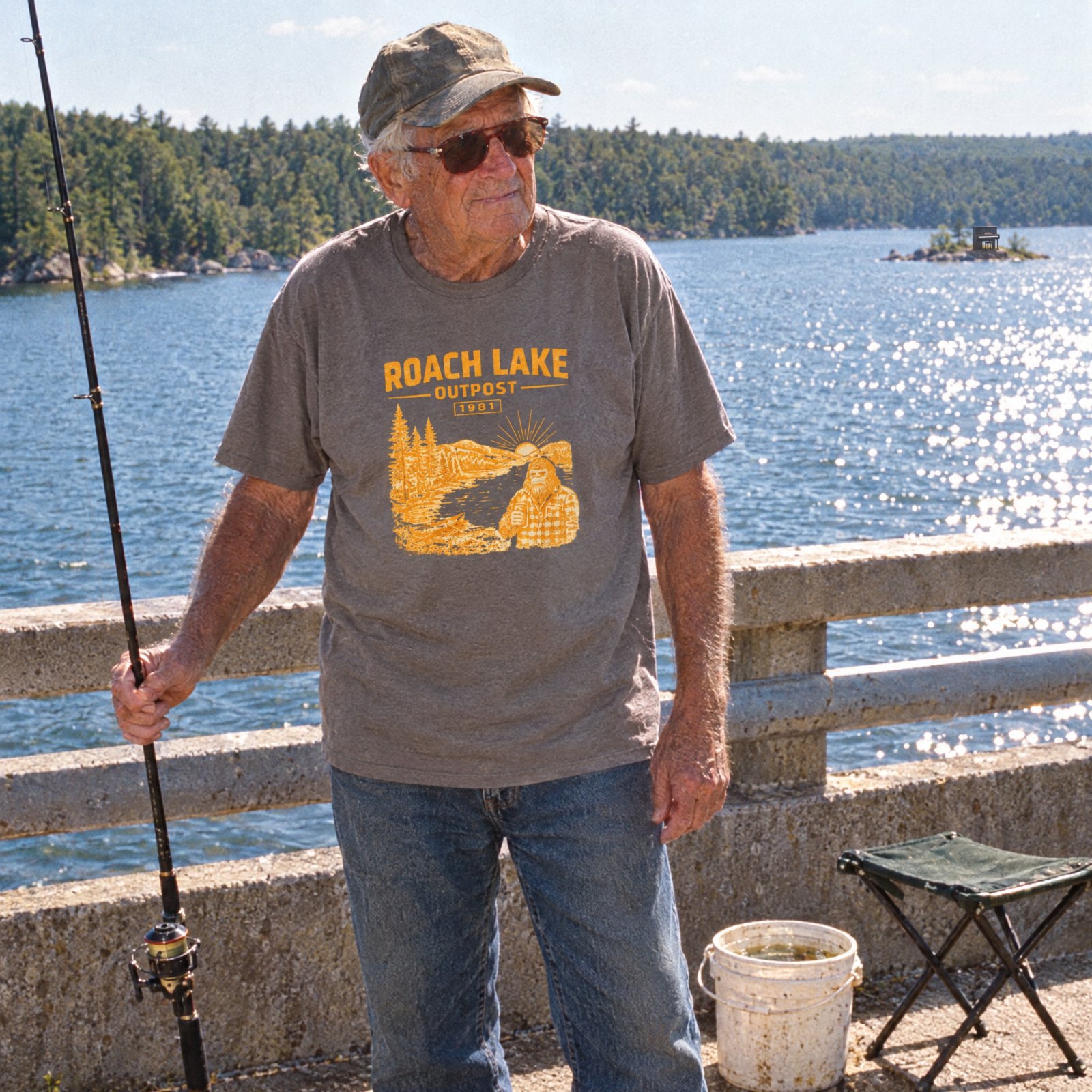 Roach Lake Outpost wilderness graphic T-shirt | fishing cabin camp design — CVC Stone Gray — Other view