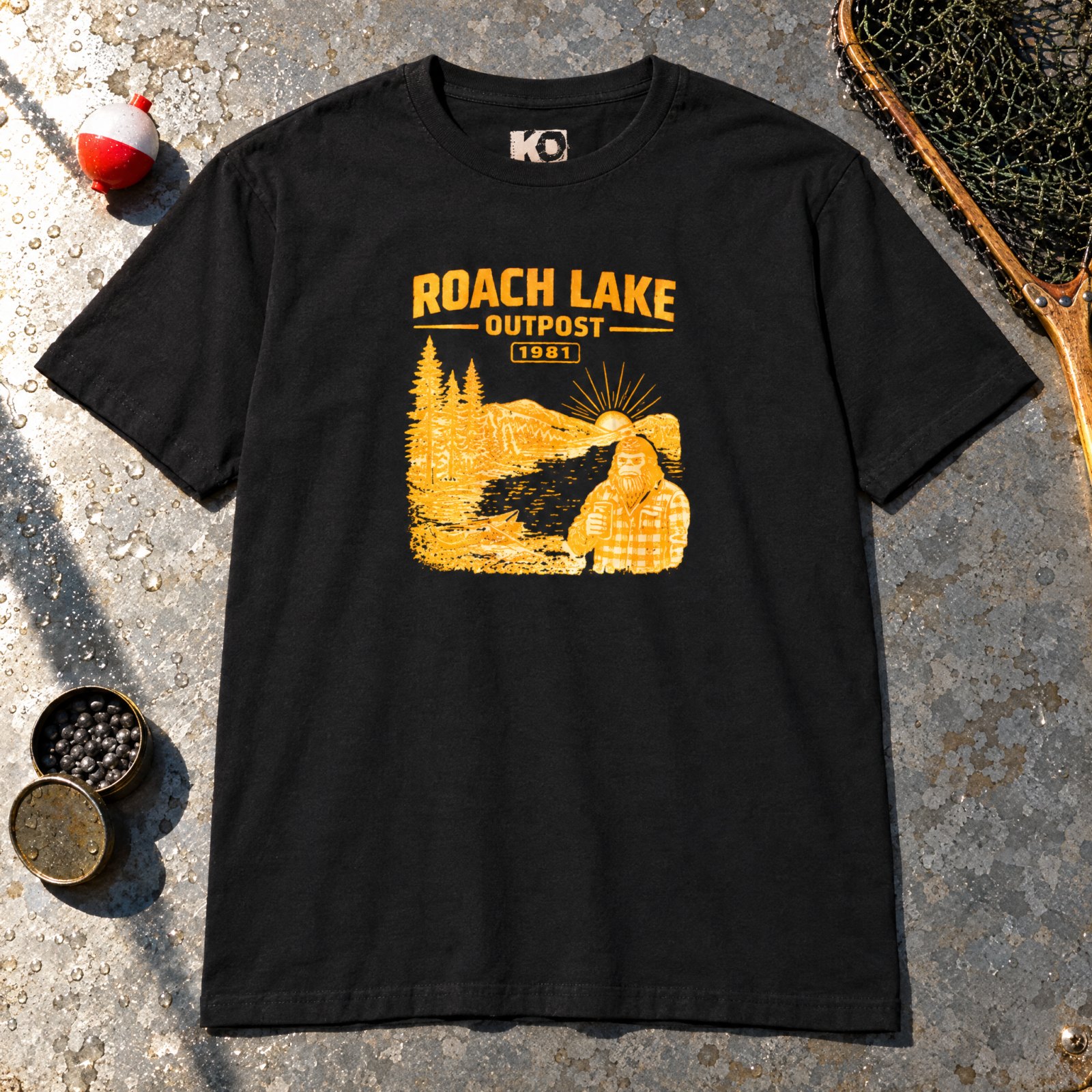 Roach Lake Outpost wilderness graphic T-shirt | fishing cabin camp design — CVC Black — Other view