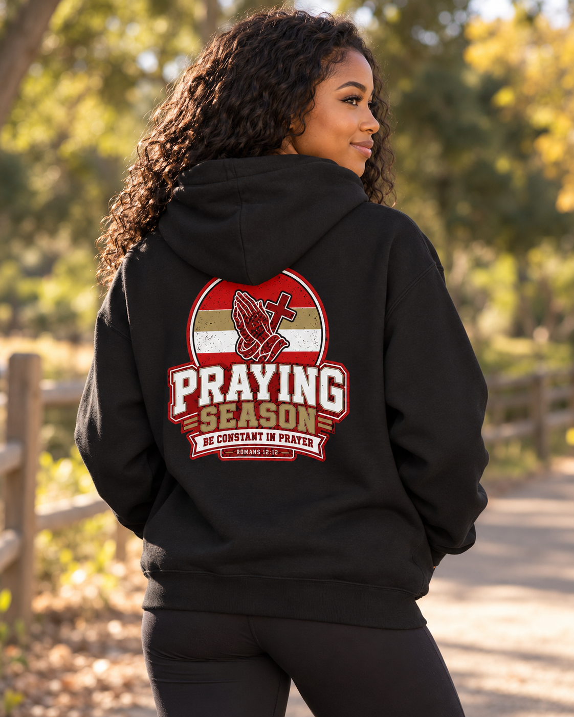 Praying Season graphic Hoodie | Red/Gold | Christian faith sweatshirt, Romans 8:26 design: other