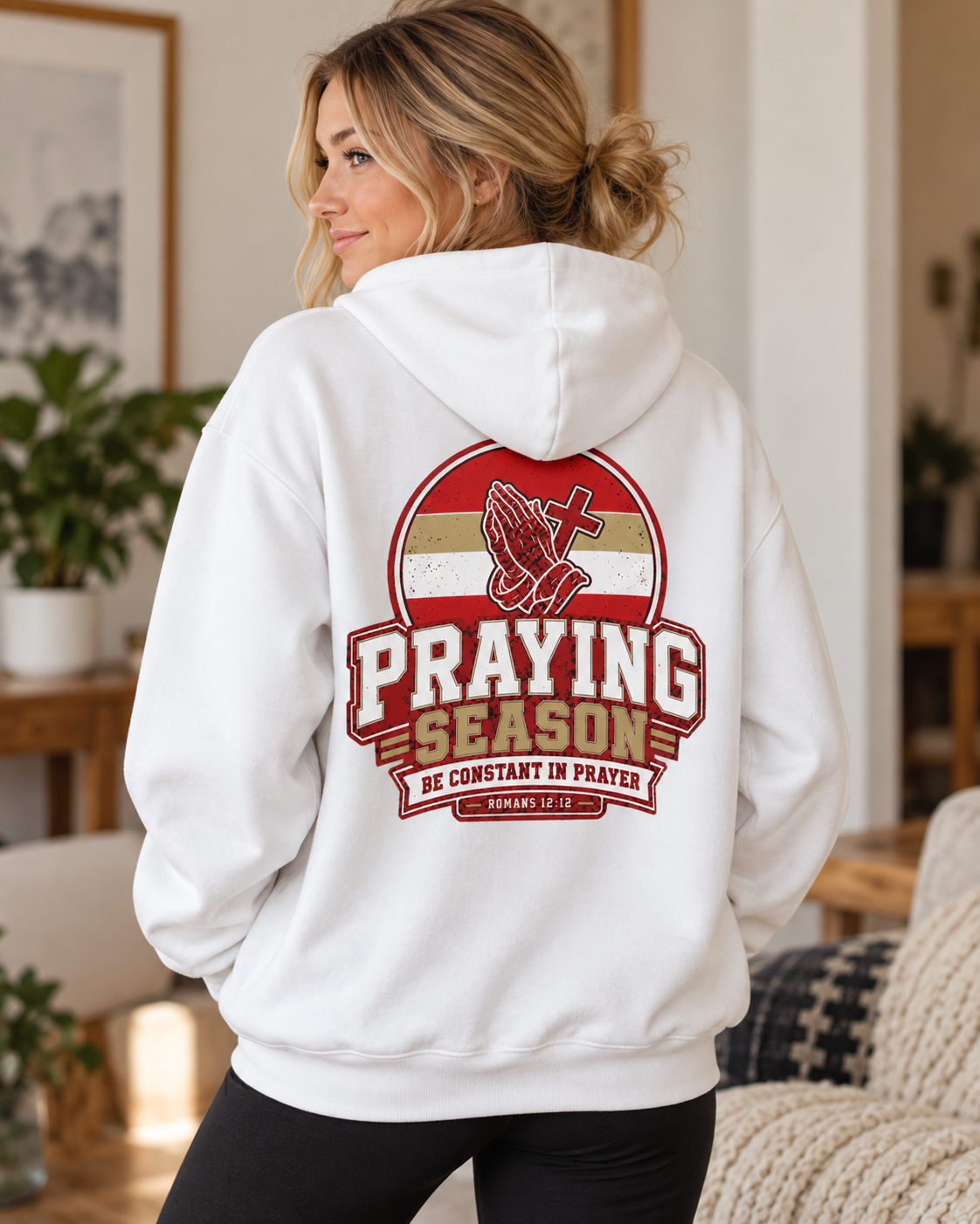 Praying Season graphic Hoodie | Red/Gold | Christian faith sweatshirt, Romans 8:26 design: other