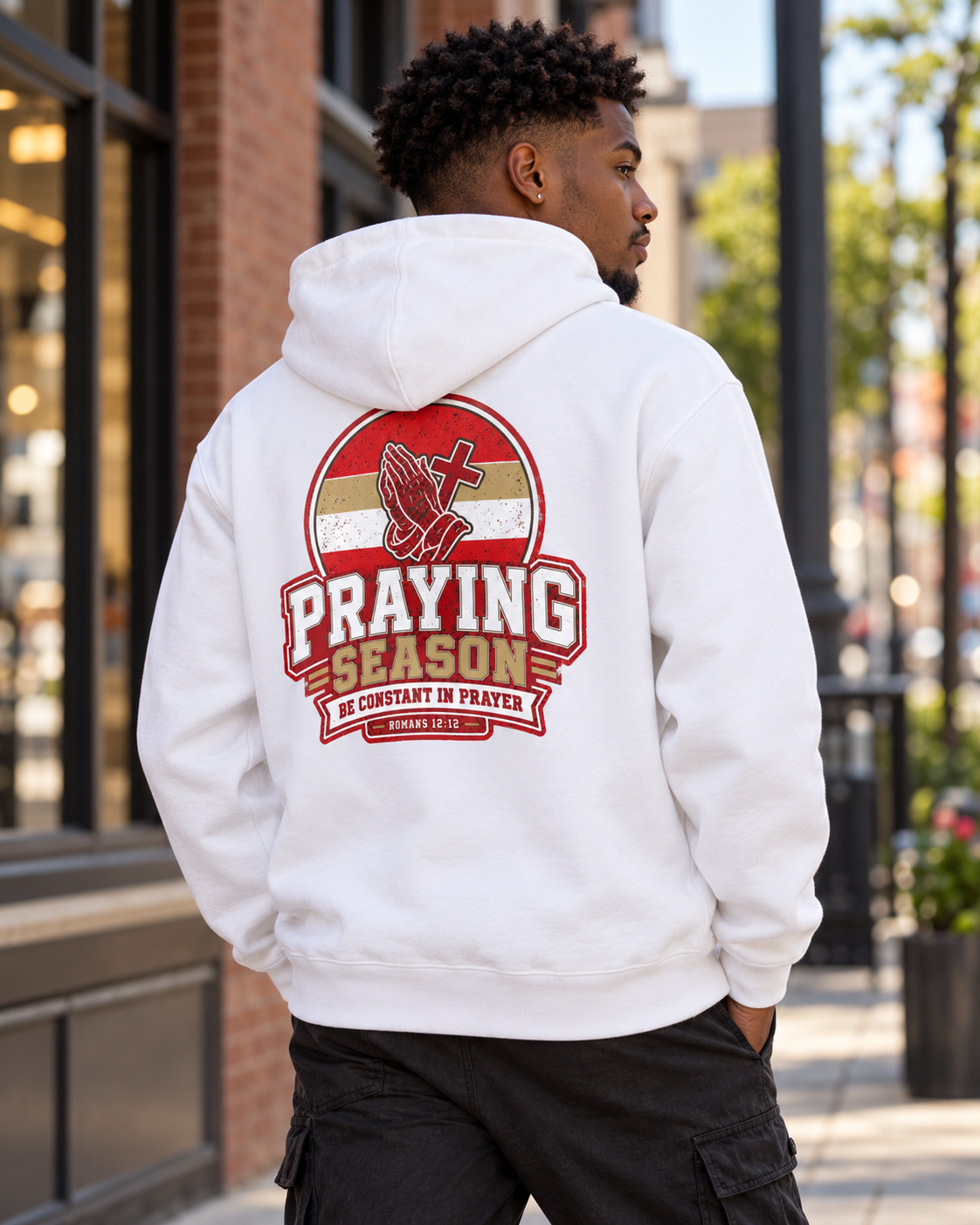 Praying Season graphic Hoodie | Red/Gold | Christian faith sweatshirt, Romans 8:26 design: other
