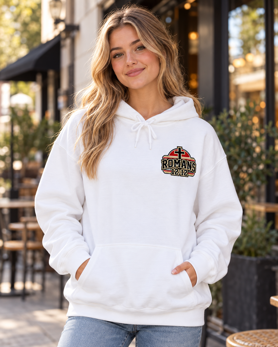 Praying Season graphic Hoodie | Red/Gold | Christian faith sweatshirt, Romans 8:26 design: other