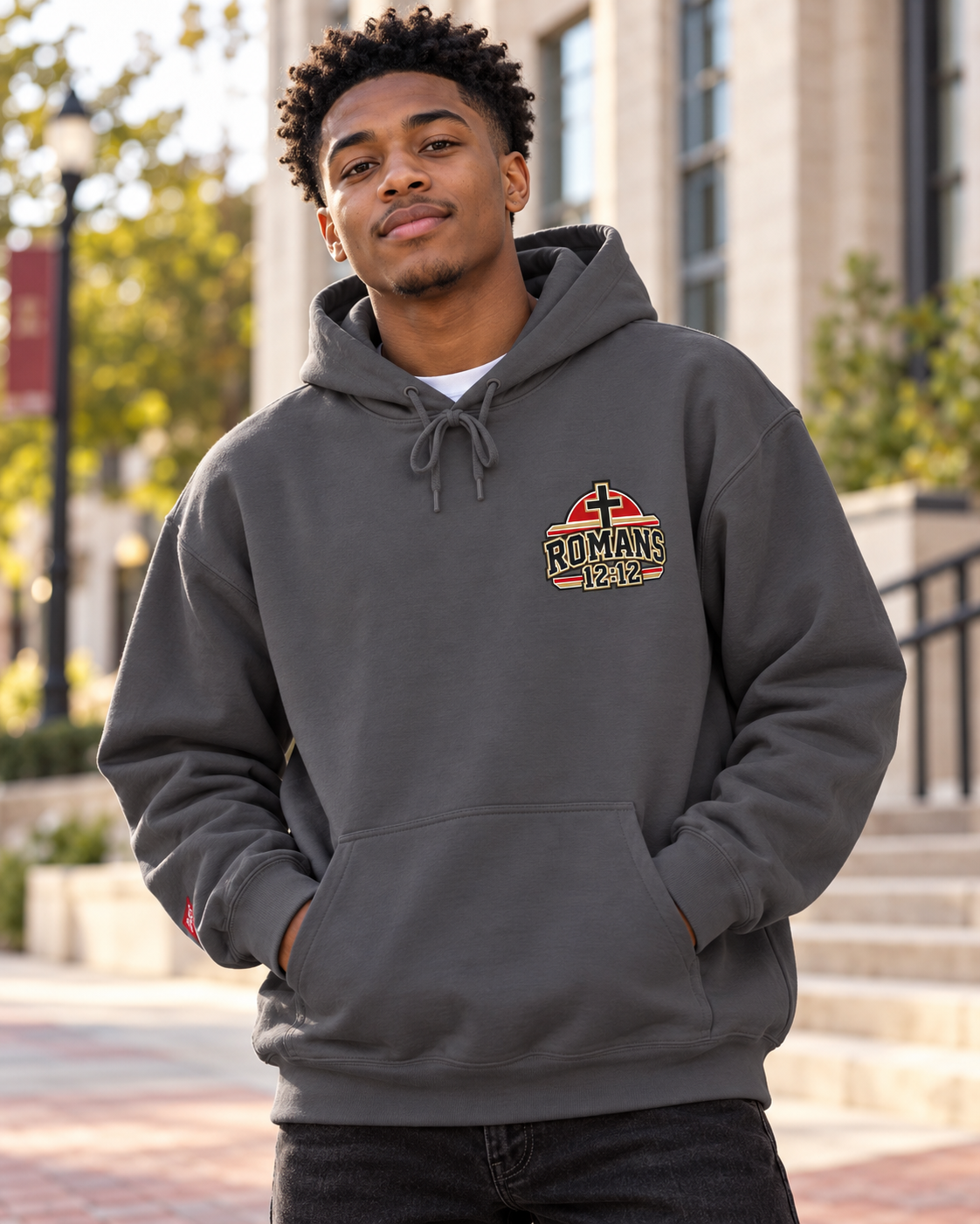 Praying Season graphic Hoodie | Red/Gold | Christian faith sweatshirt, Romans 8:26 design: other