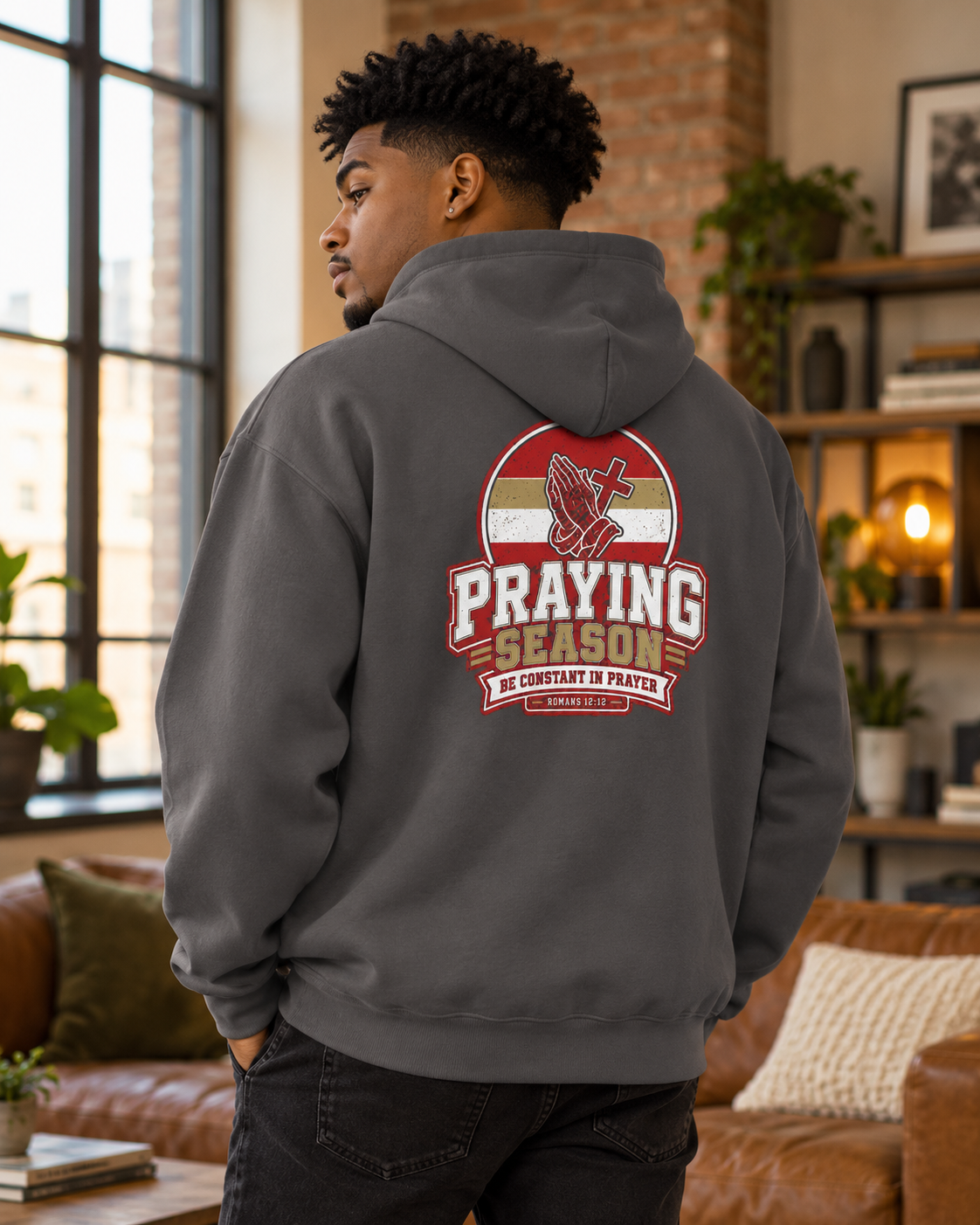 Praying Season graphic Hoodie | Red/Gold | Christian faith sweatshirt, Romans 8:26 design: other