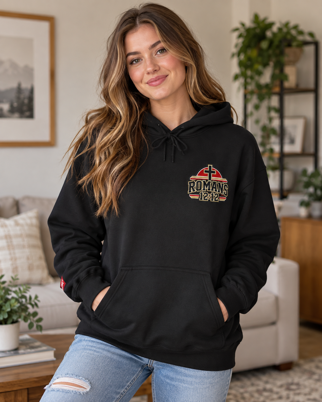 Black Praying Season graphic Hoodie | Red/Gold | Christian faith sweatshirt, Romans 8:26 design
