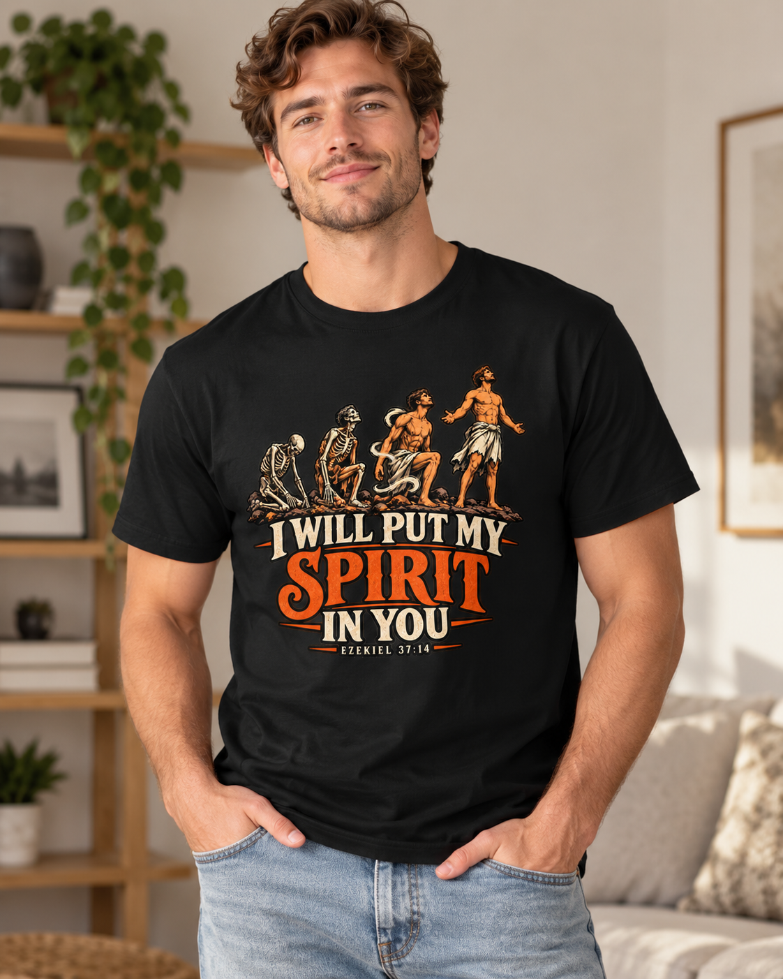 Black I Will Put My Spirit In You T-shirt | Ezekiel 37:14 Bible Verse, Skeleton Hand Design