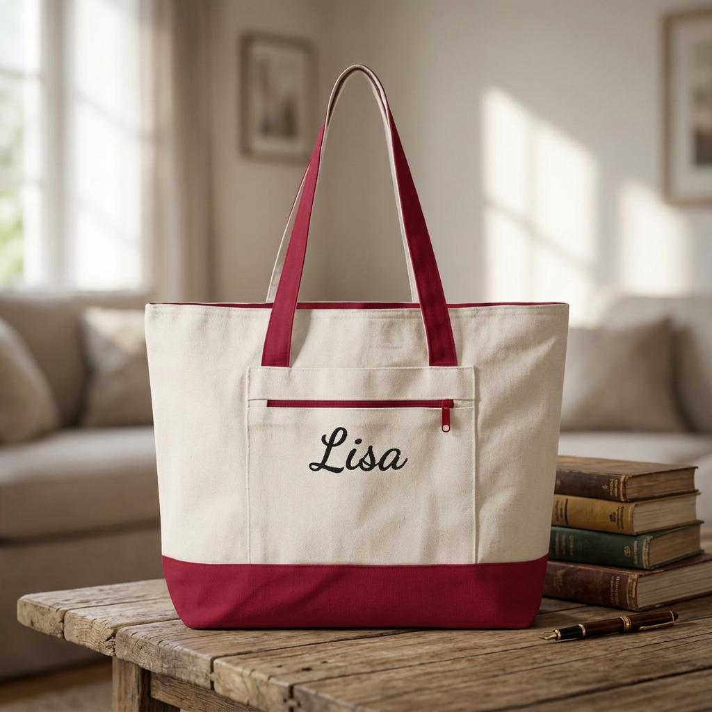 Personalized Custom Name Embroidered Zippered Canvas Tote Bag