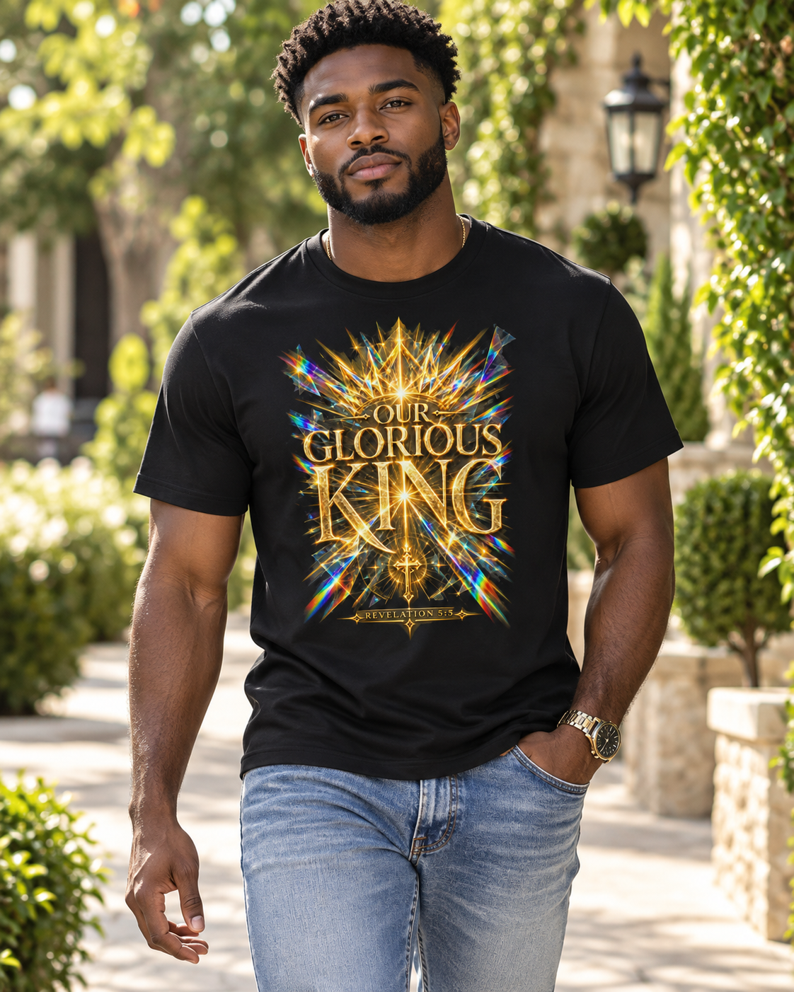 Black Our Glorious King T-Shirt | Christian Faith, Crown & Cross Design
