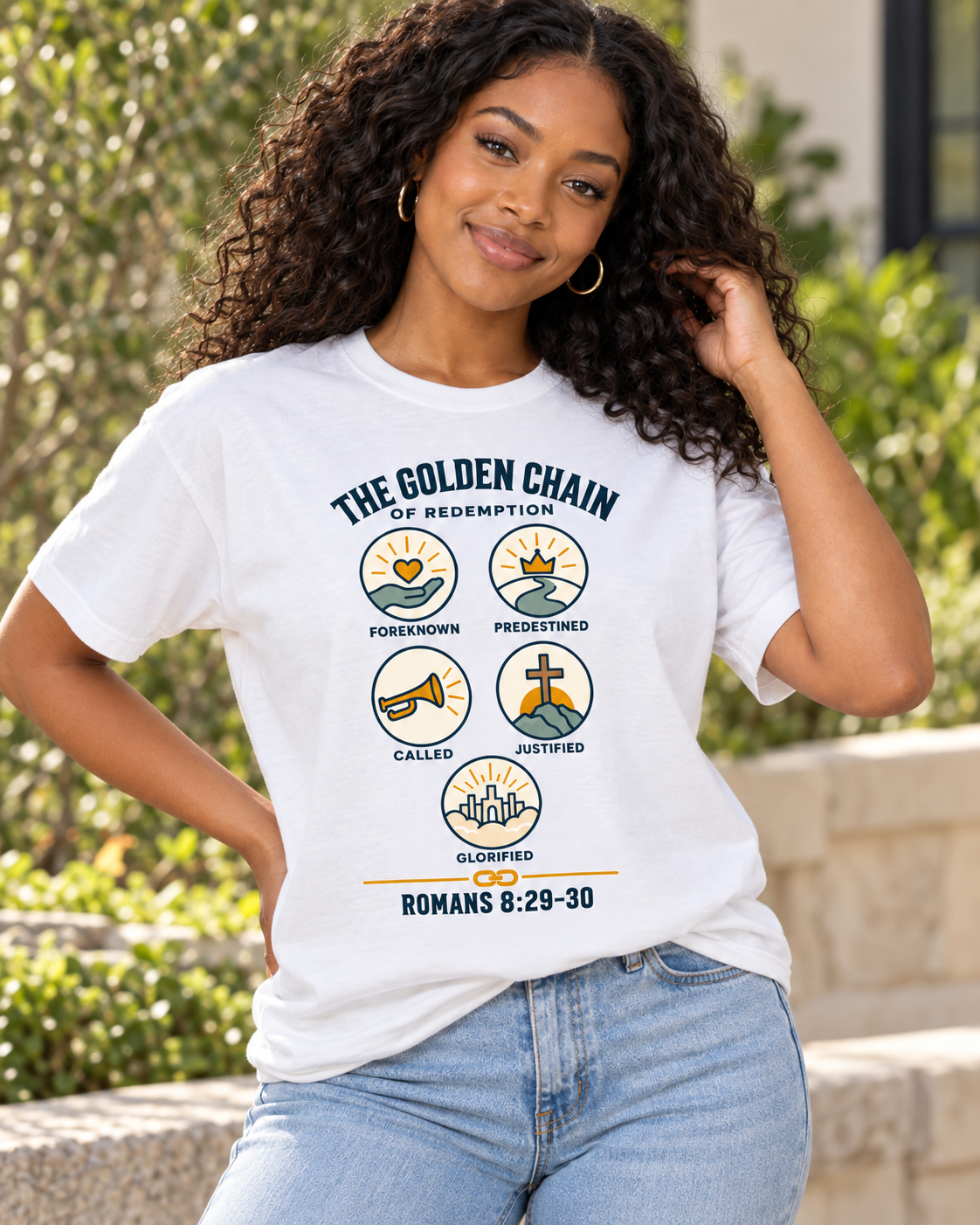 White The Golden Chain of Redemption T-shirt | Romans 8:29-30 Scripture Design