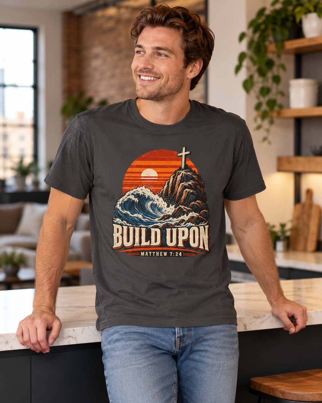 Build Upon Cross Mountain T-Shirt | Matthew 7:24 Christian Tee: other
