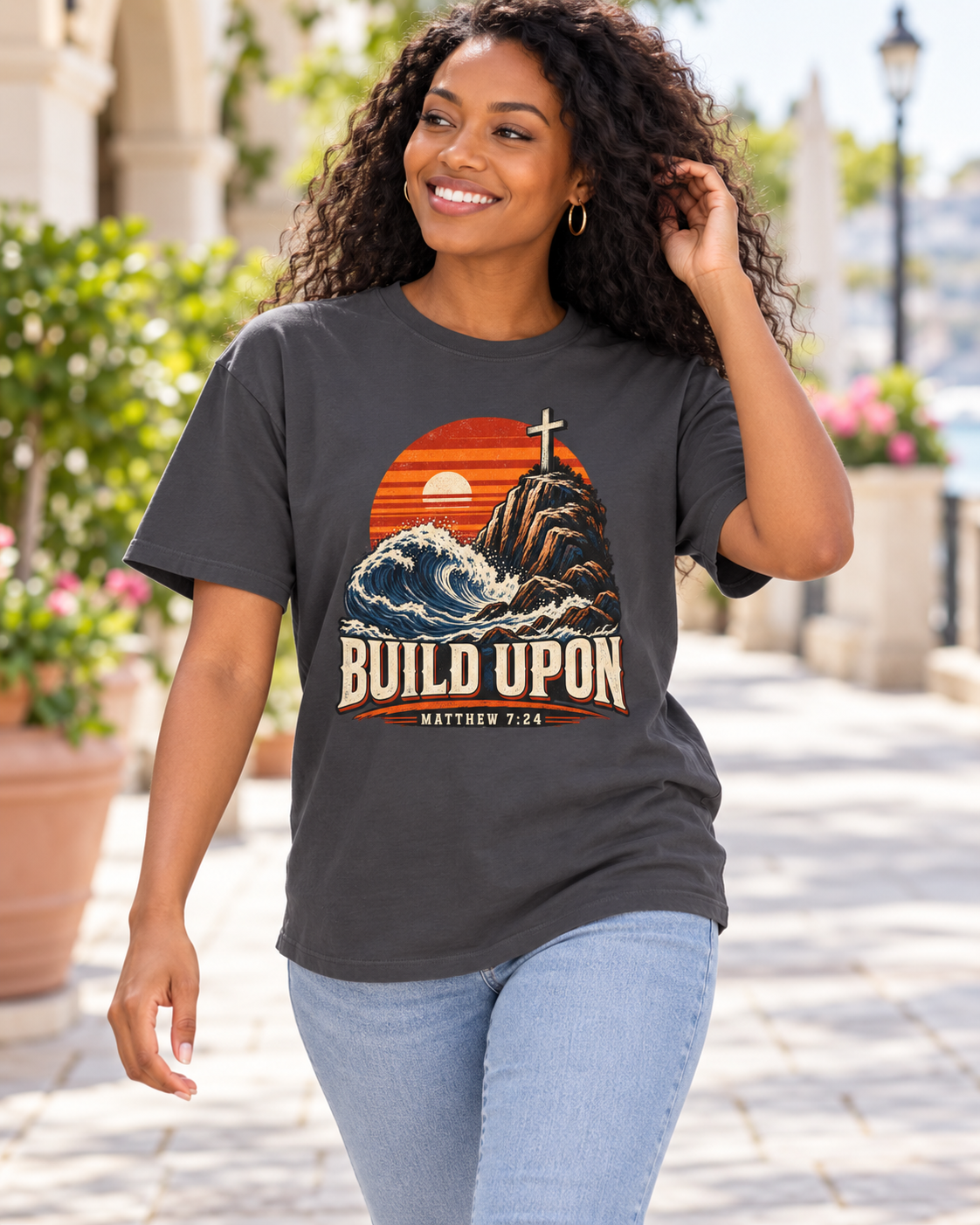 Build Upon Cross Mountain T-Shirt | Matthew 7:24 Christian Tee: other