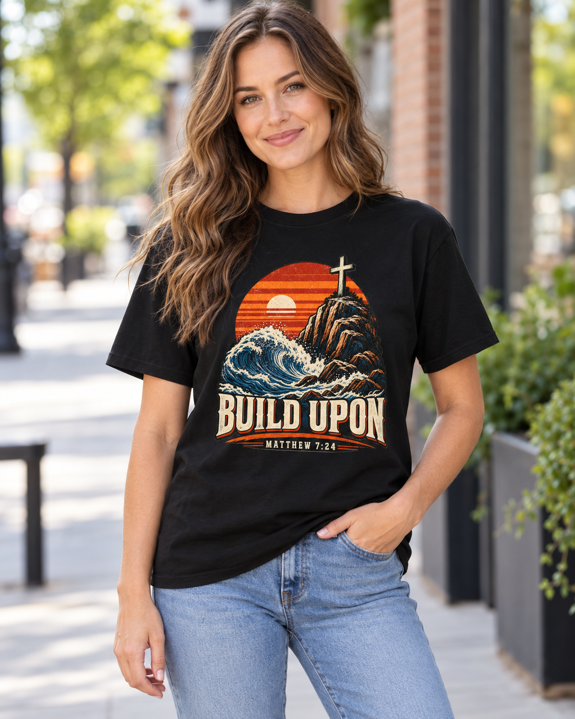 Build Upon Cross Mountain T-Shirt | Matthew 7:24 Christian Tee: other