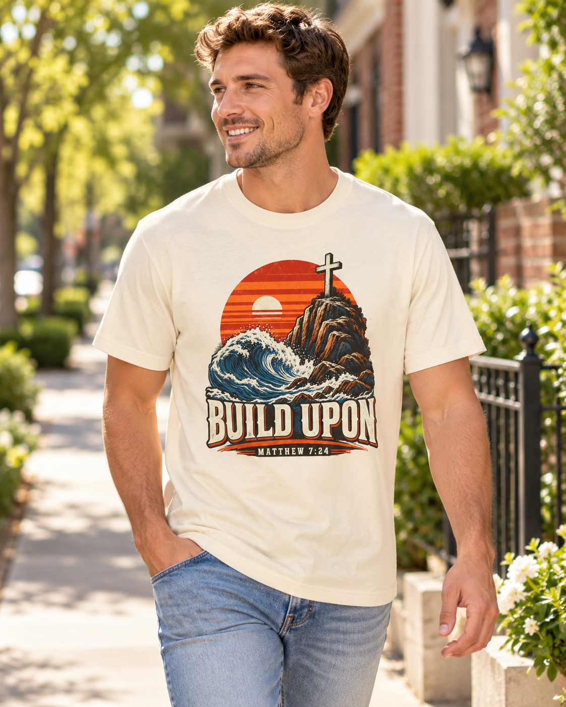 Build Upon Cross Mountain T-Shirt | Matthew 7:24 Christian Tee: other