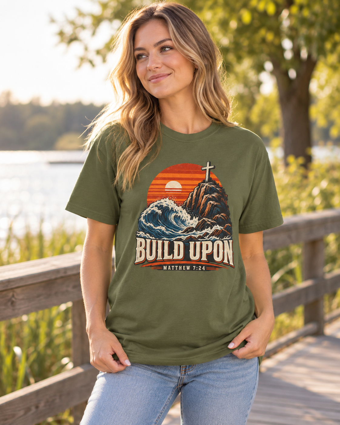 Build Upon Cross Mountain T-Shirt | Matthew 7:24 Christian Tee: other