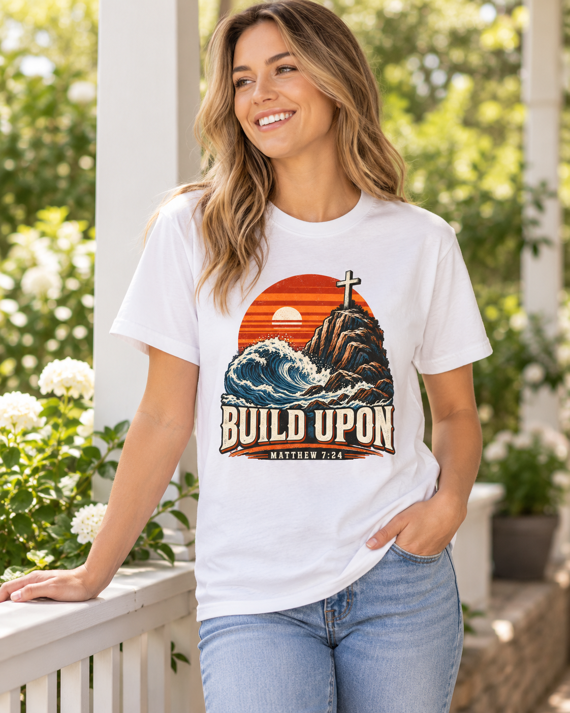 Build Upon Cross Mountain T-Shirt | Matthew 7:24 Christian Tee: other