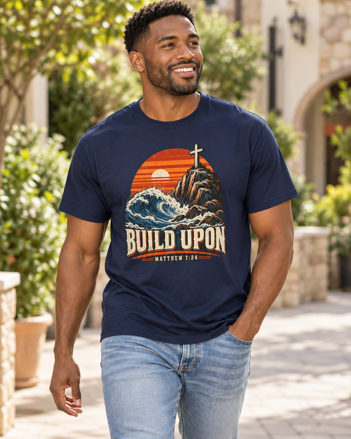 Midnight Build Upon Cross Mountain T-Shirt | Matthew 7:24 Christian Tee