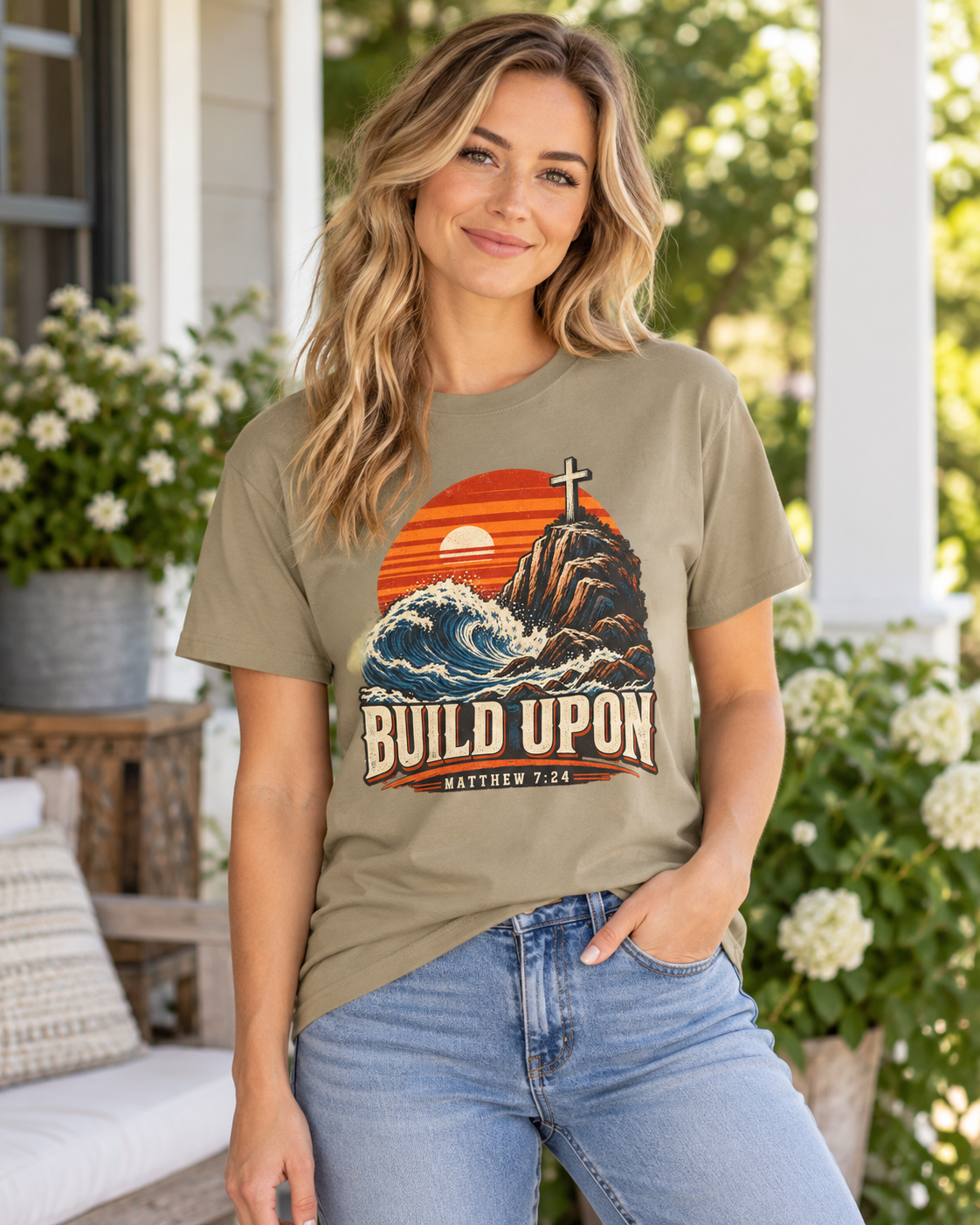 Build Upon Cross Mountain T-Shirt | Matthew 7:24 Christian Tee: other