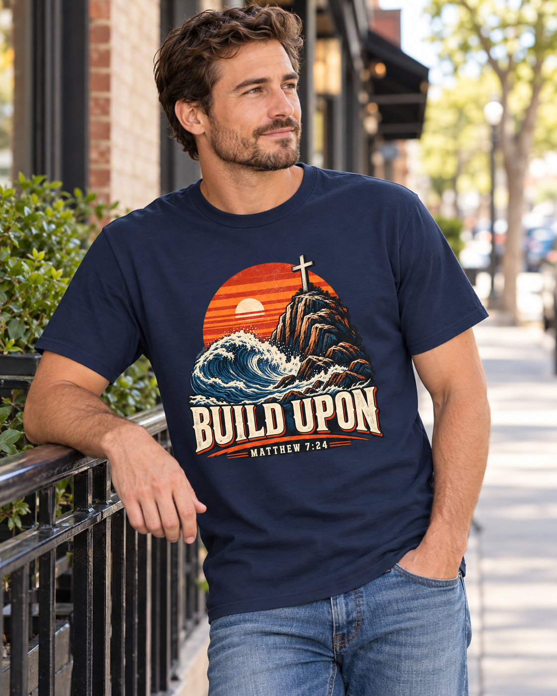 Build Upon Cross Mountain T-Shirt | Matthew 7:24 Christian Tee: other