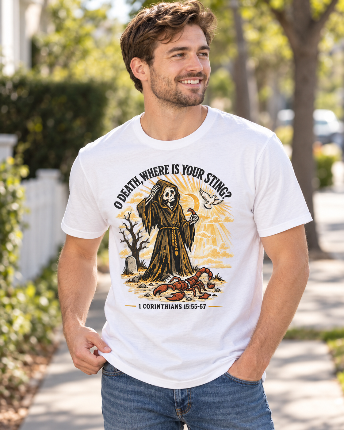 Death Grim Reaper Illustration T-shirt | 'O Death, Where Is Your Sting' Biblical Verse: other