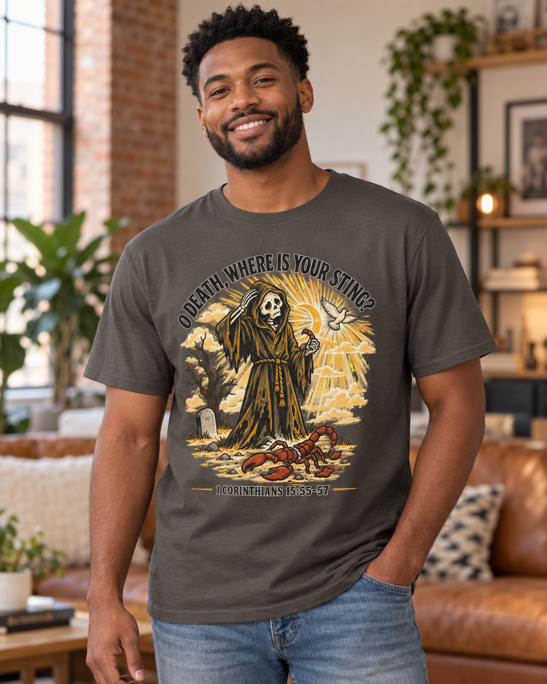 Death Grim Reaper Illustration T-shirt | 'O Death, Where Is Your Sting' Biblical Verse: other