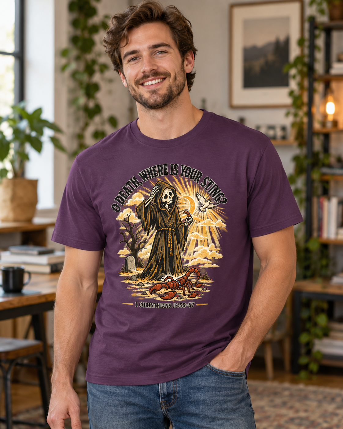 Death Grim Reaper Illustration T-shirt | 'O Death, Where Is Your Sting' Biblical Verse: other
