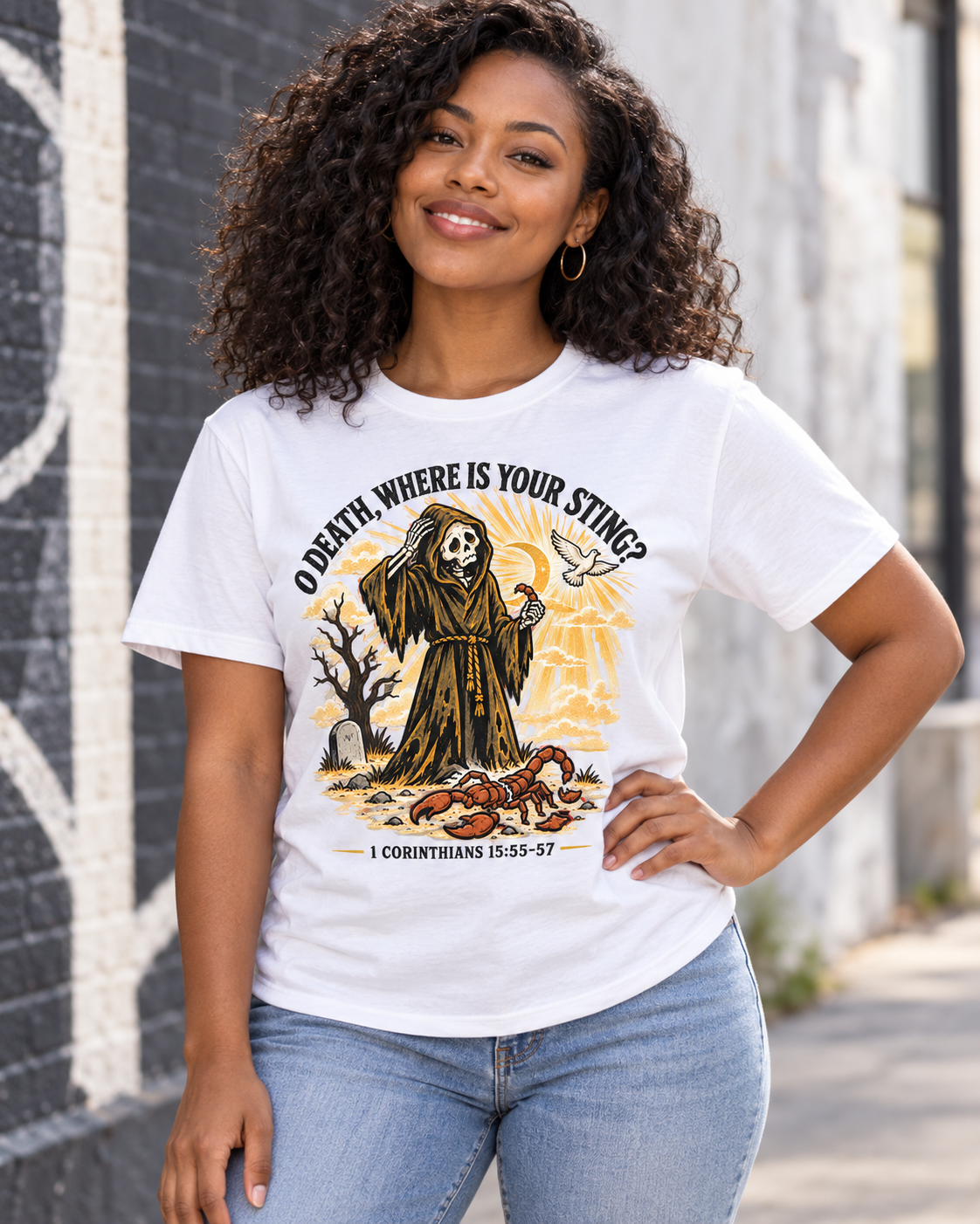 Death Grim Reaper Illustration T-shirt | 'O Death, Where Is Your Sting' Biblical Verse: other