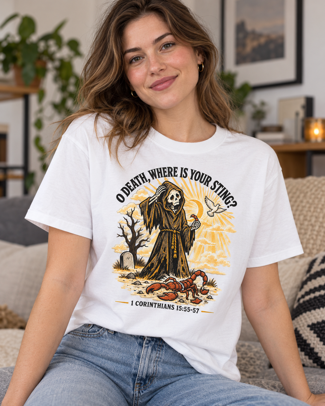 White Death Grim Reaper Illustration T-shirt | 'O Death, Where Is Your Sting' Biblical Verse
