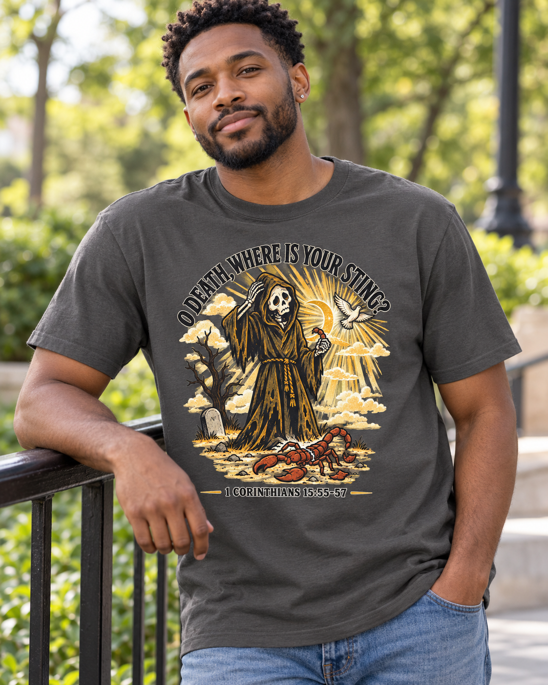 Death Grim Reaper Illustration T-shirt | 'O Death, Where Is Your Sting' Biblical Verse: other