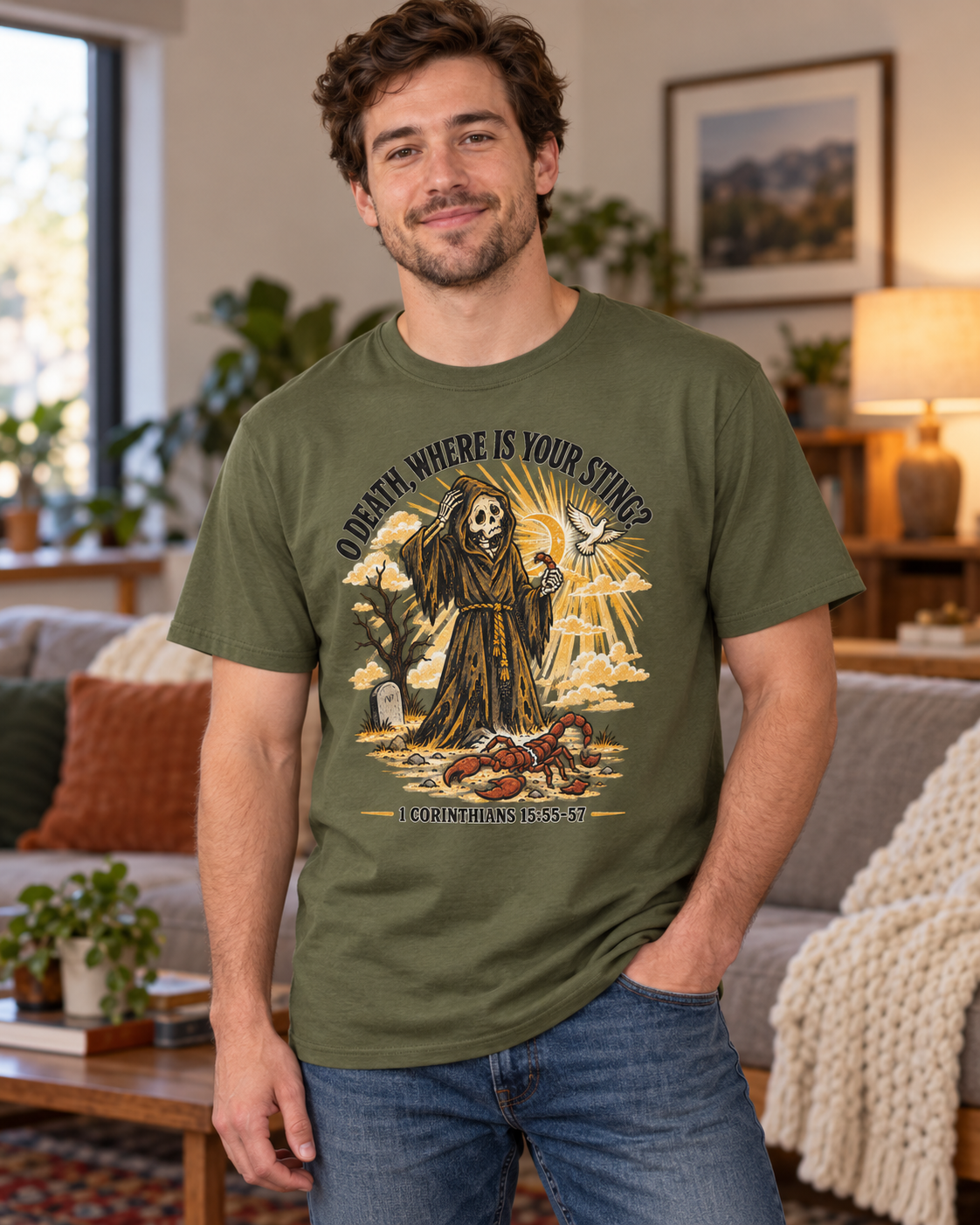 Death Grim Reaper Illustration T-shirt | 'O Death, Where Is Your Sting' Biblical Verse: other