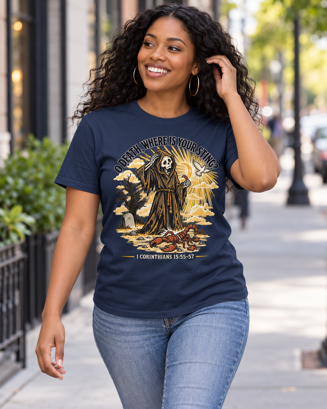 Death Grim Reaper Illustration T-shirt | 'O Death, Where Is Your Sting' Biblical Verse: other