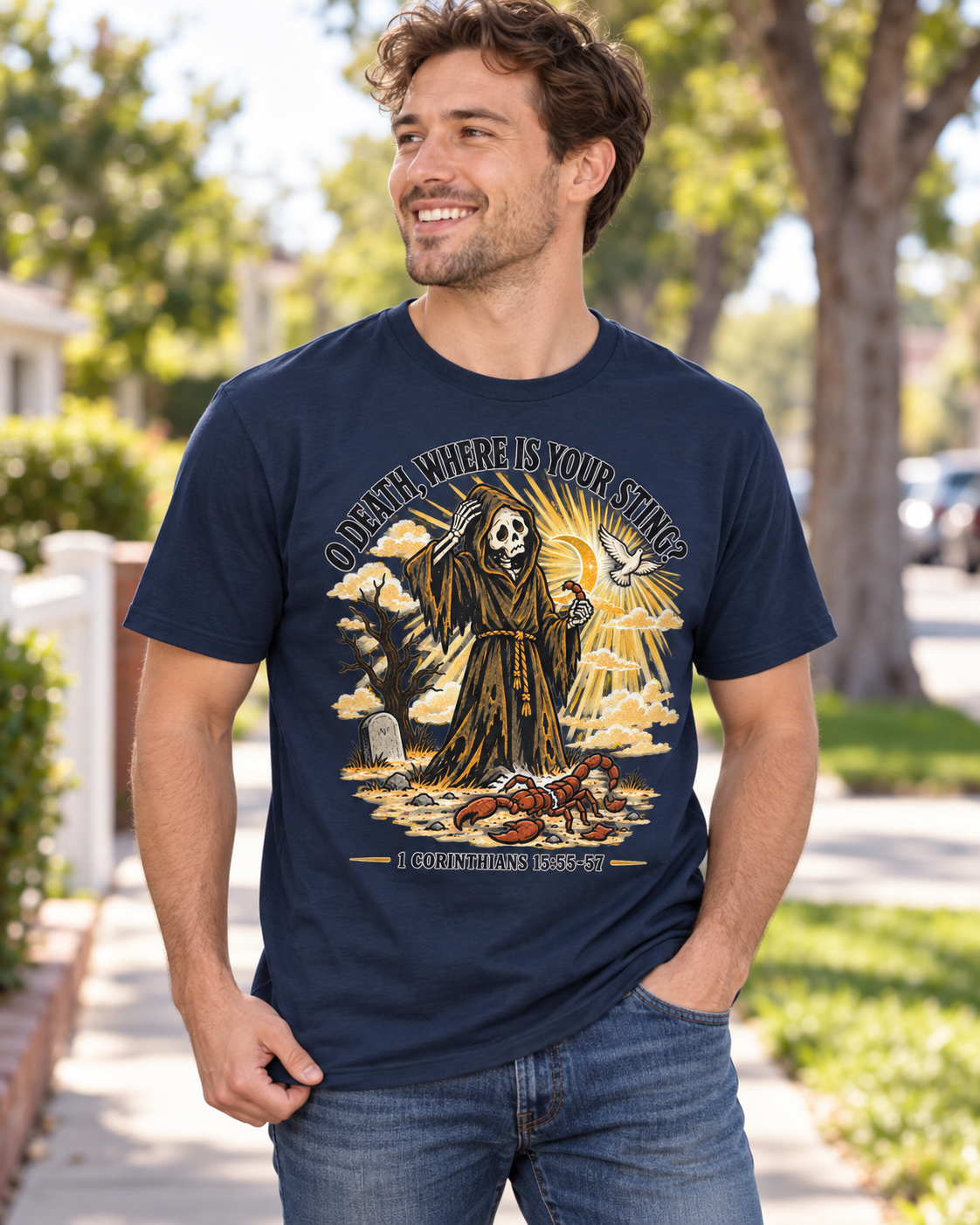 Death Grim Reaper Illustration T-shirt | 'O Death, Where Is Your Sting' Biblical Verse: other
