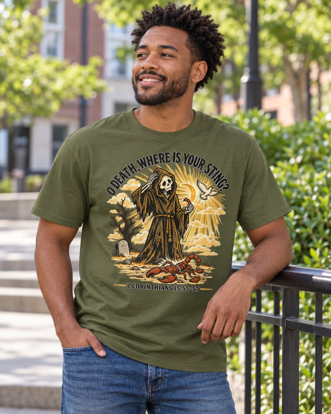 Death Grim Reaper Illustration T-shirt | 'O Death, Where Is Your Sting' Biblical Verse: other