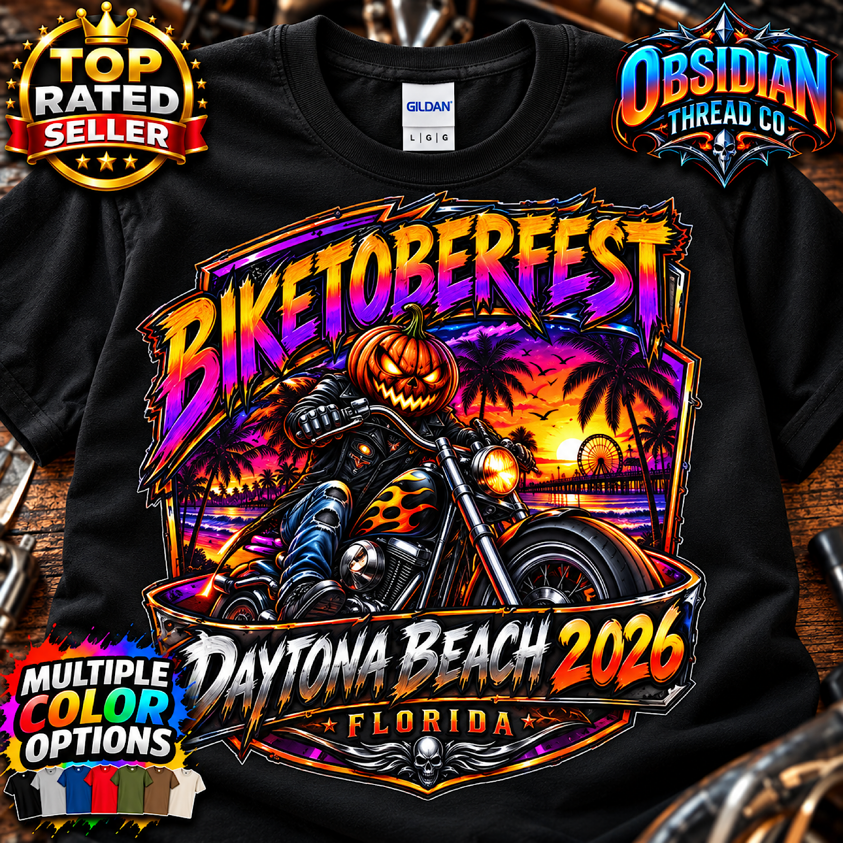 2026 Biketoberfest Daytona Beach Halloween Biker Motorcycle Shirt no harley artwork detail