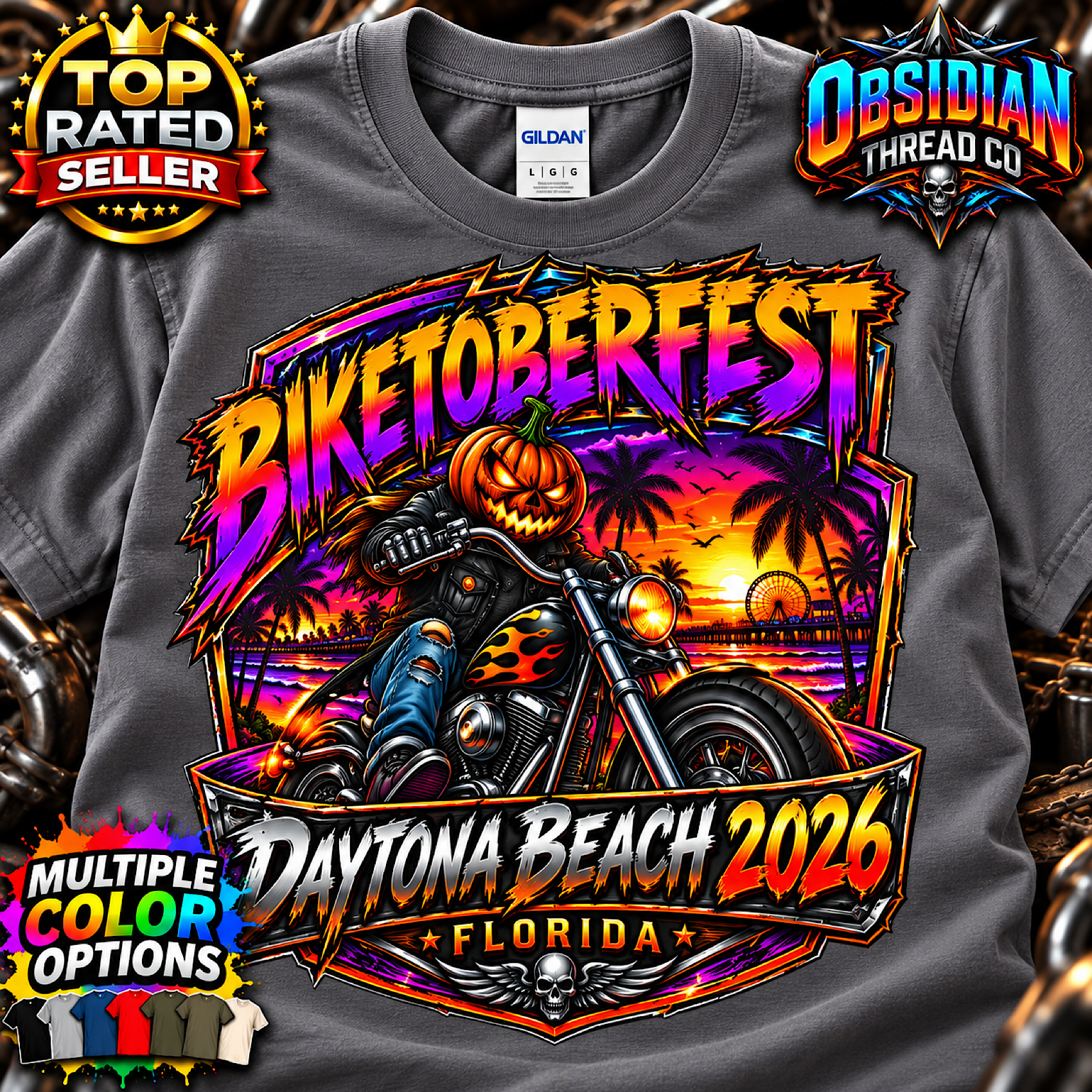 2026 Biketoberfest Daytona Beach Halloween Biker Motorcycle Shirt no harley color preview 2