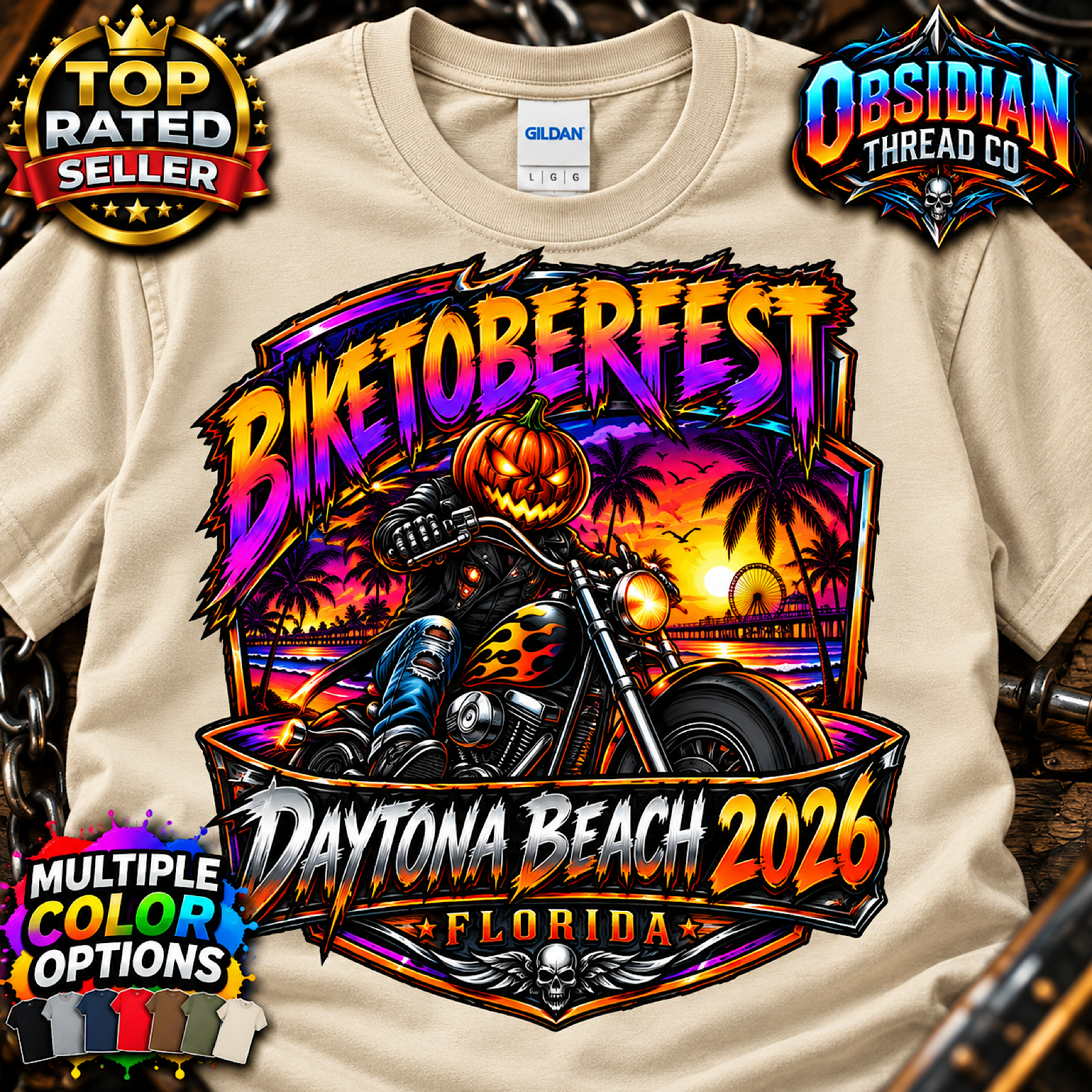 2026 Biketoberfest Daytona Beach Halloween Biker Motorcycle Shirt no harley color preview 3